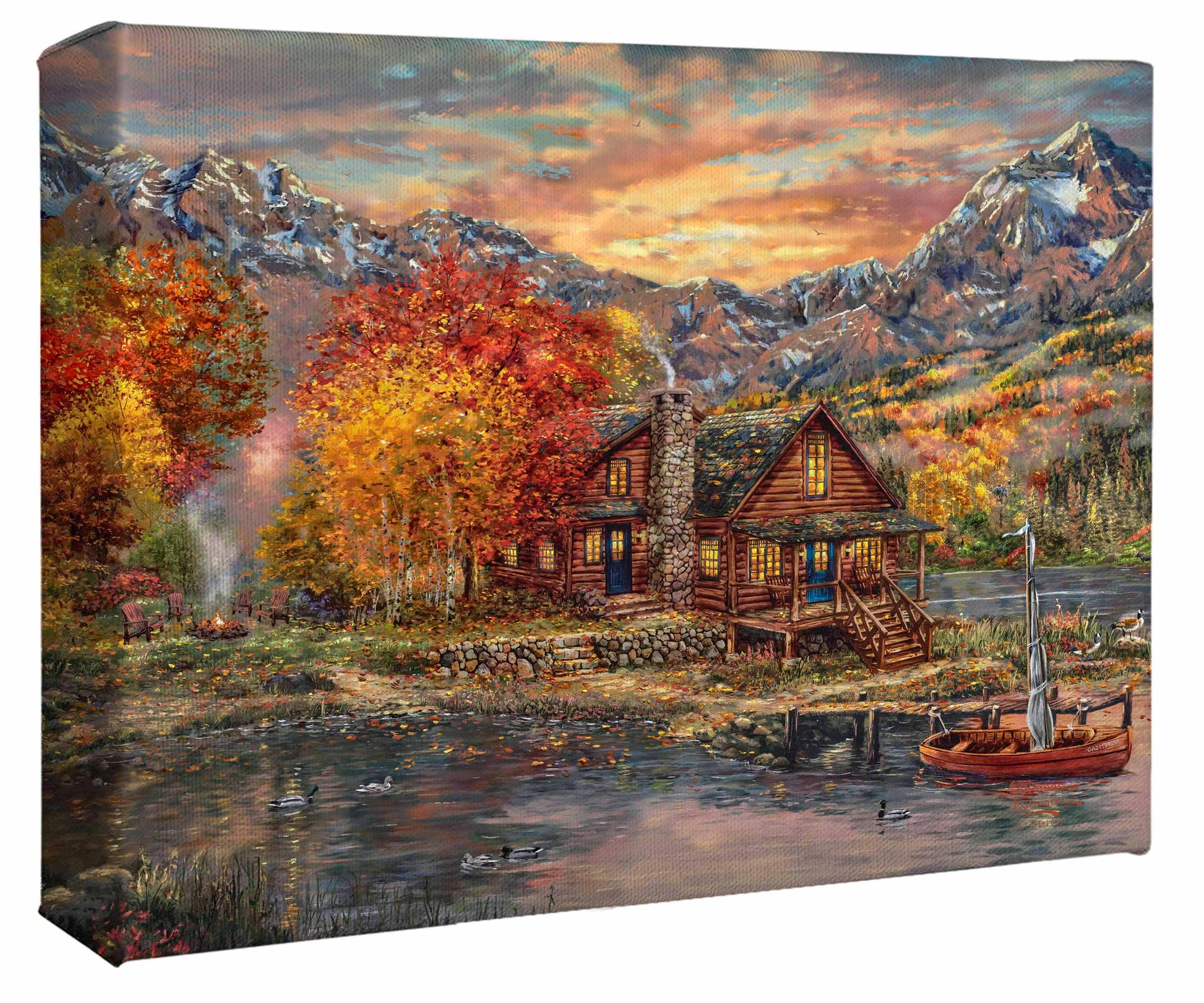Painting of sunset over a village with mountains and trees