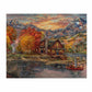 Painting of sunset over a village with mountains and trees