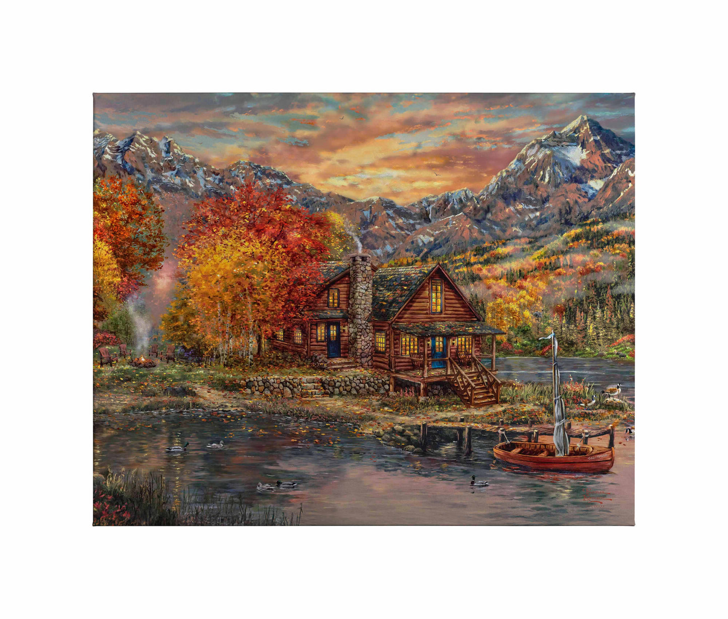 Painting of sunset over a village with mountains and trees