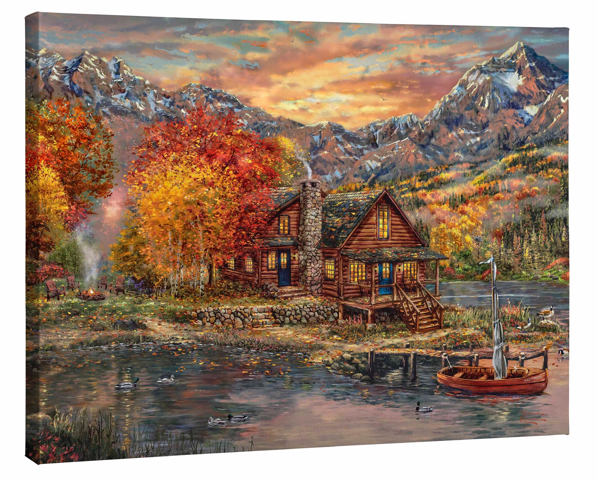 Painting of sunset over a village with mountains and trees