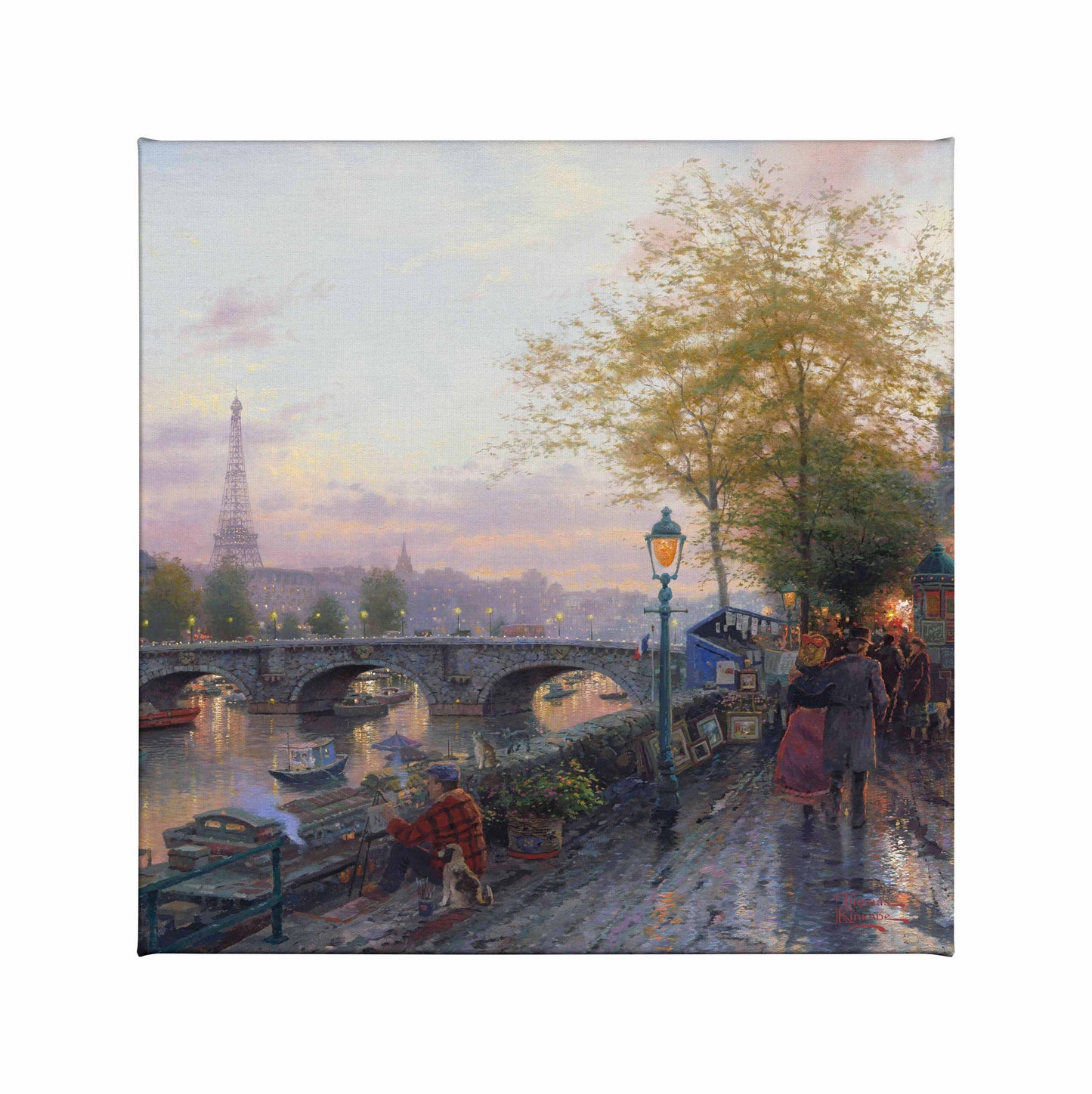 Painting of the Eiffel tower and a bridge by the river