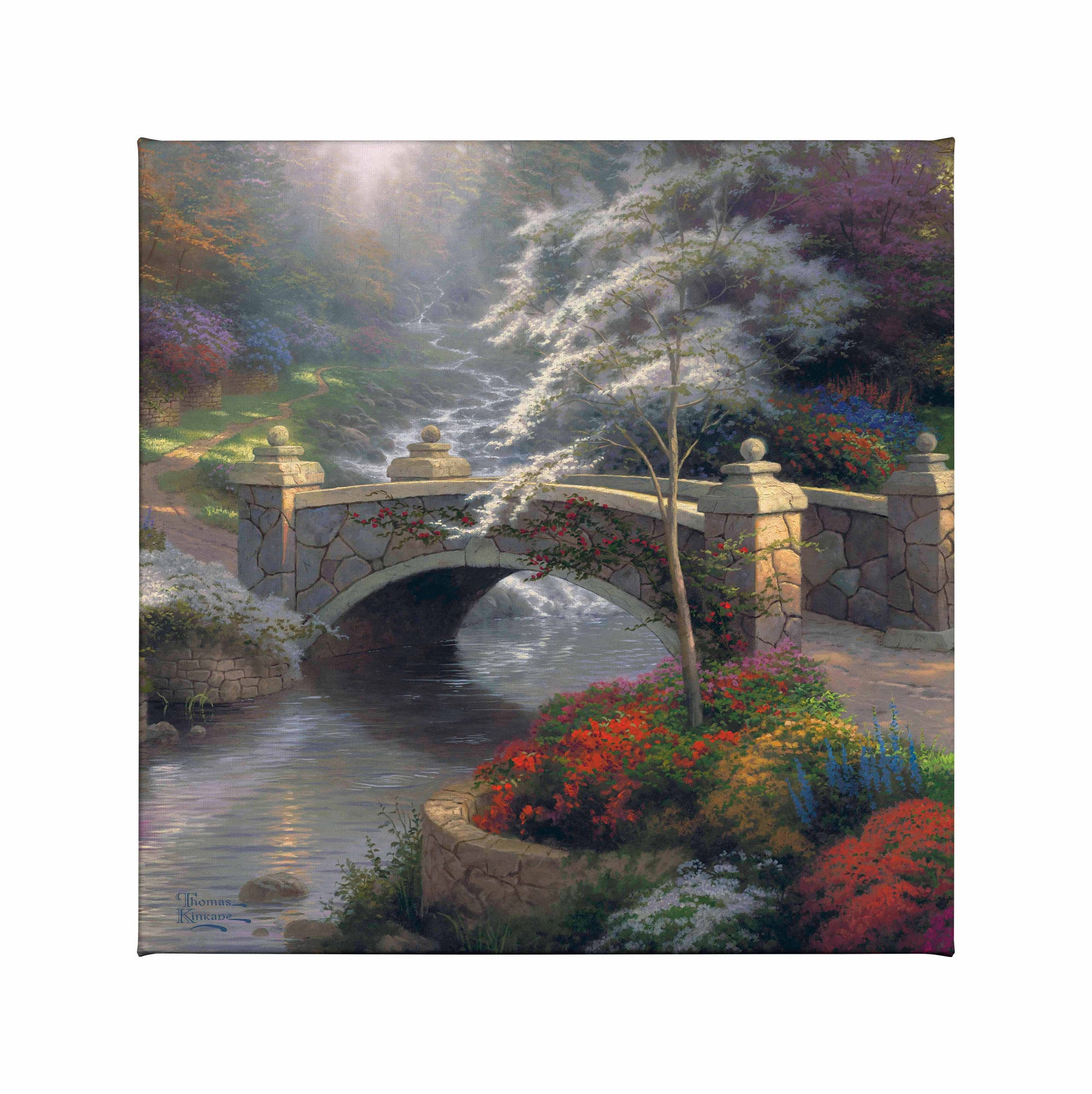 Painting of trees and a bridge by the river
