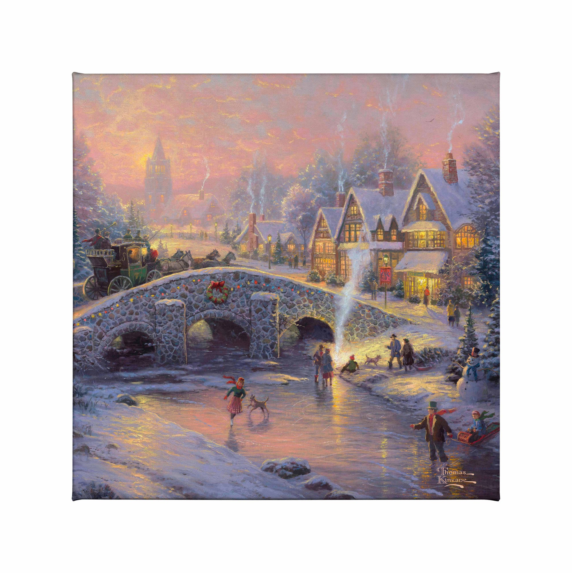 Painting of Christmas houses and a bridge by the river