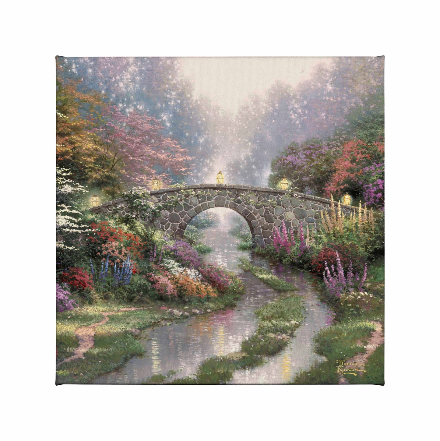 Painting of a bridge with trees by the river