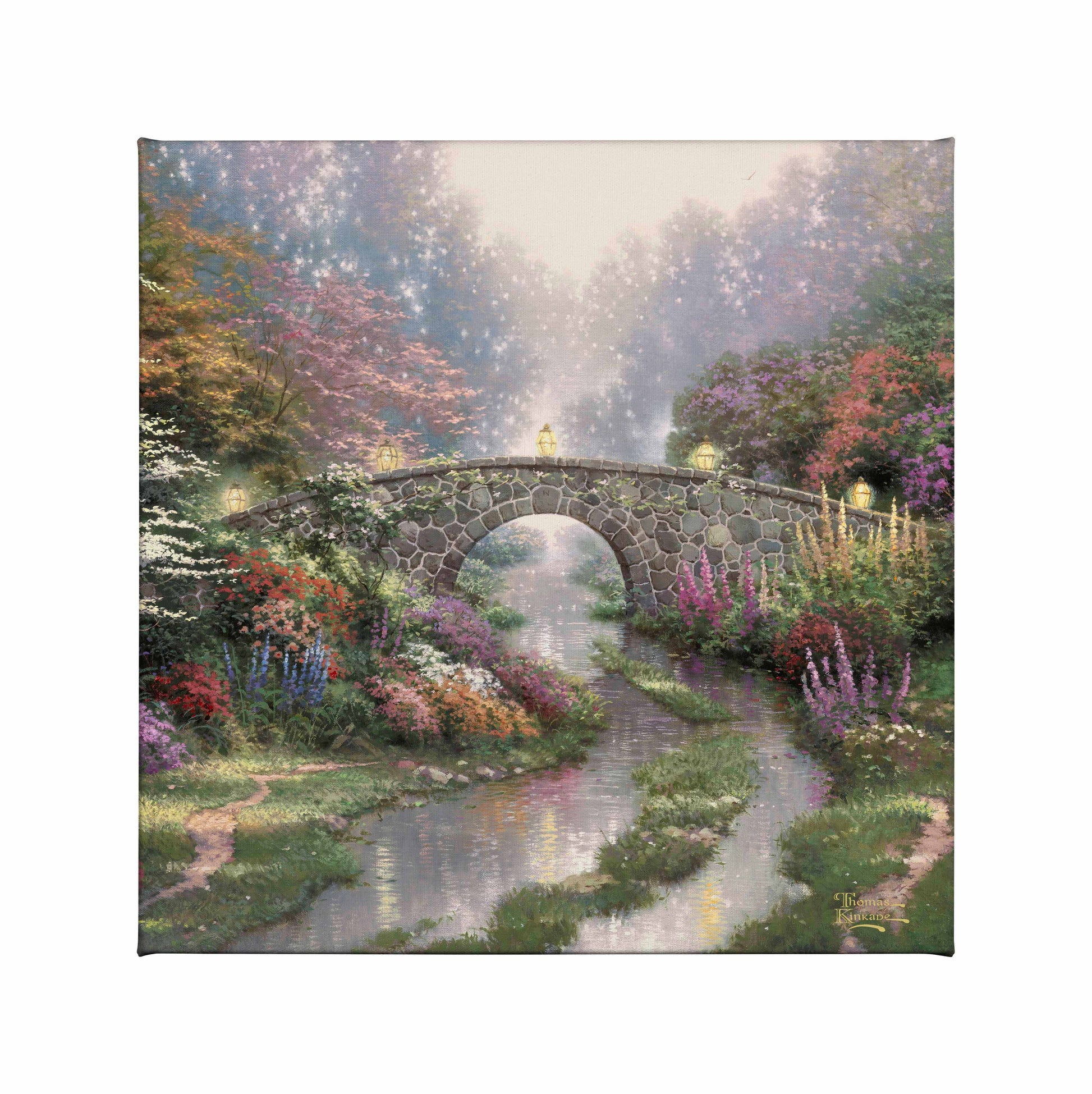 Painting of a bridge with trees by the river