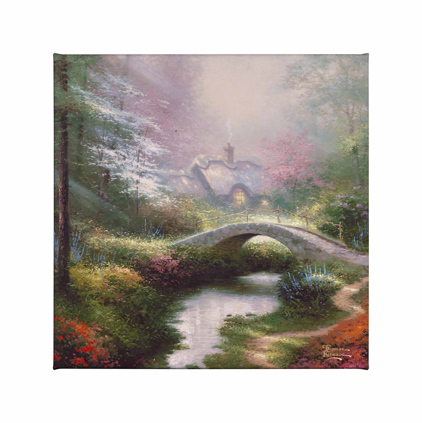 Painting of a bridge and house by the river