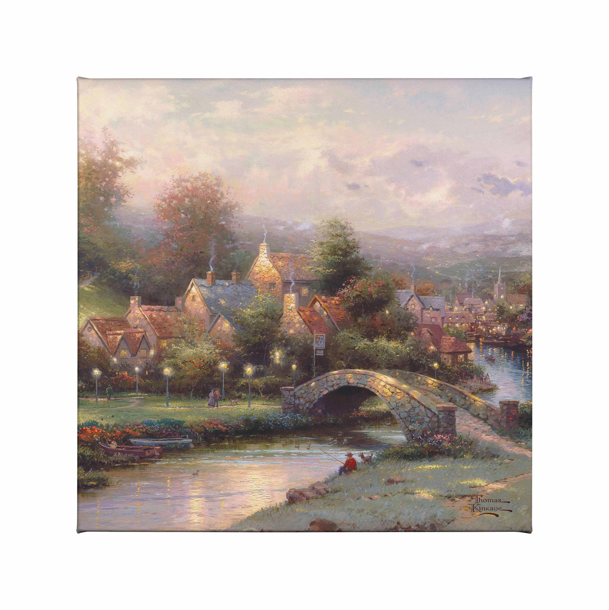 Painting of a bridge and houses with lamplights by the river
