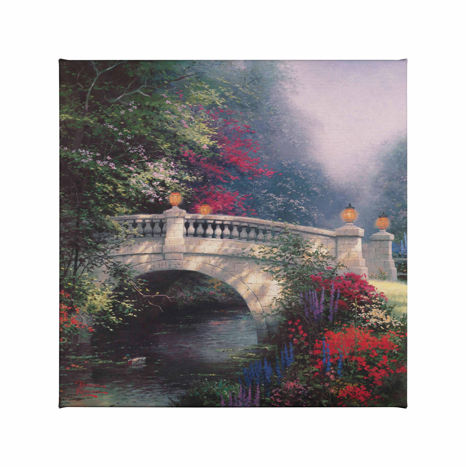Painting of a bridge by the river with blossoming trees