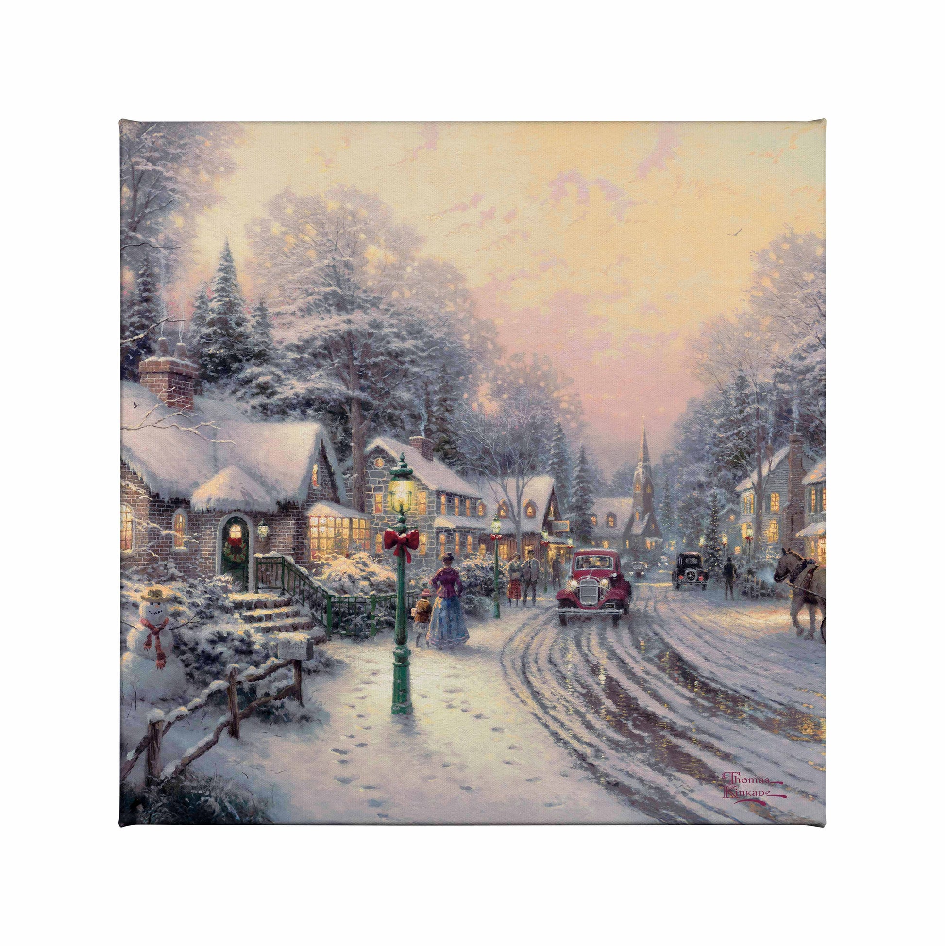 Painting of a Christmas village with houses and trees