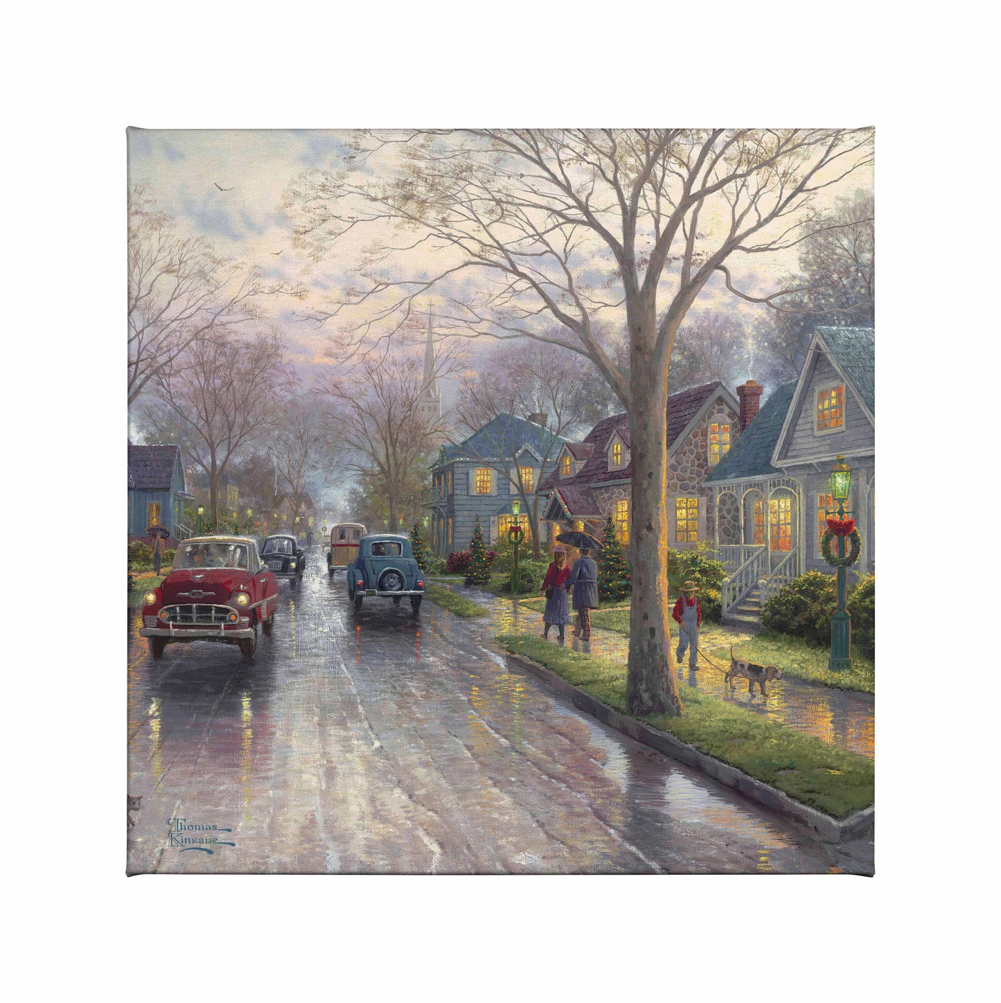 Painting of a Christmas house with trees and cars around