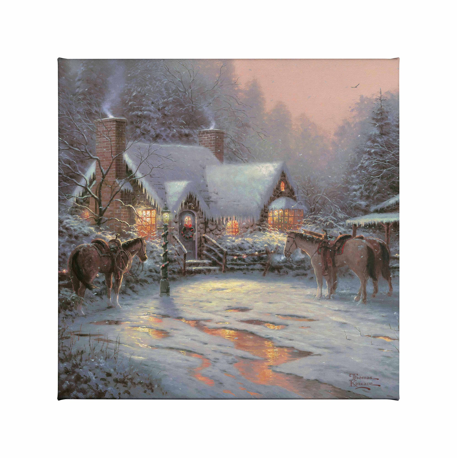 Painting of a Christmas house with trees and horses around