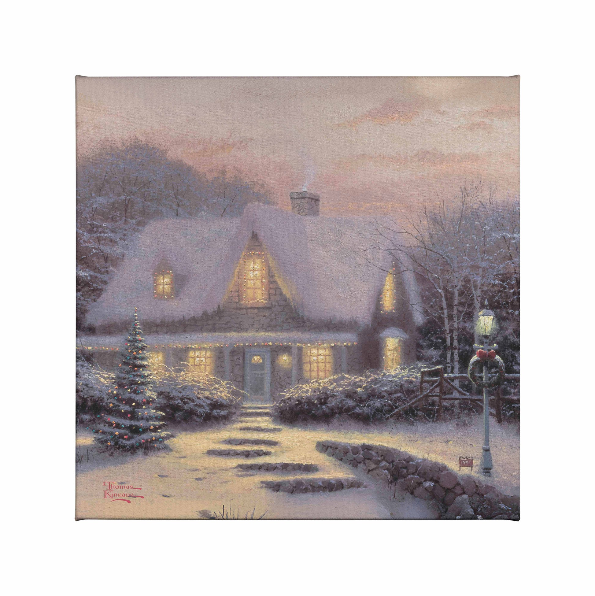 Painting of a Christmas house and trees 