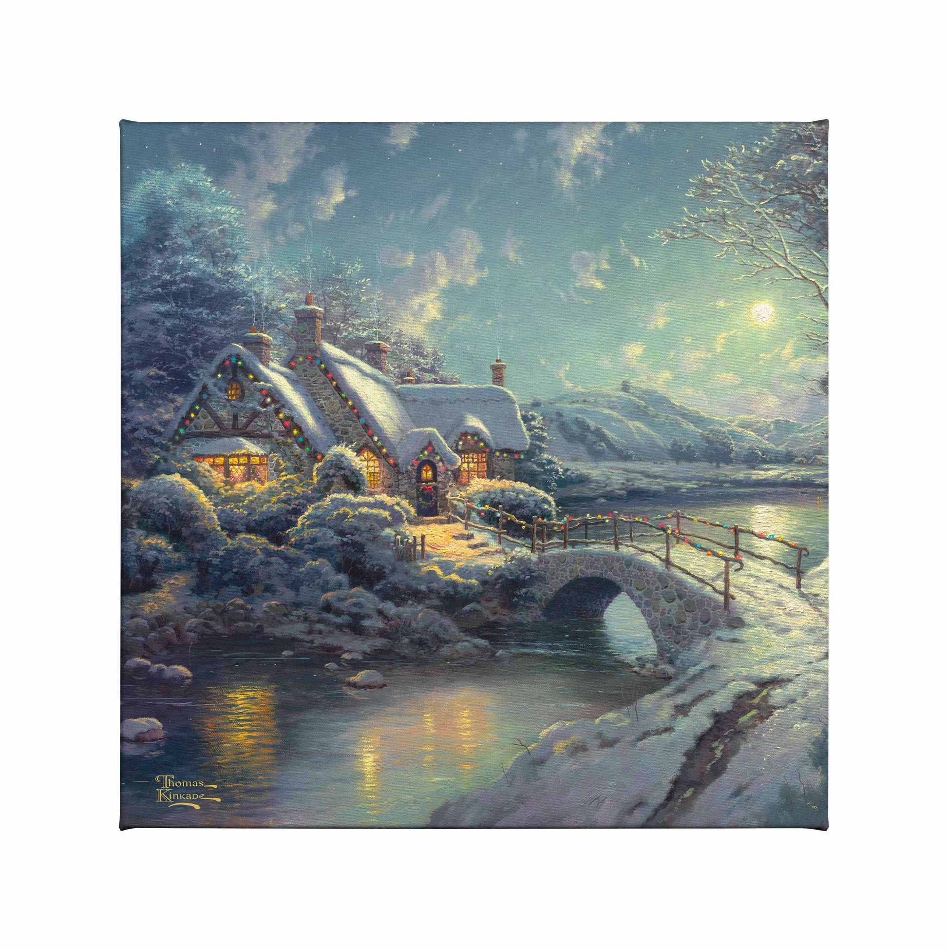 Painting of a Christmas house and bridge by the river with moonlight