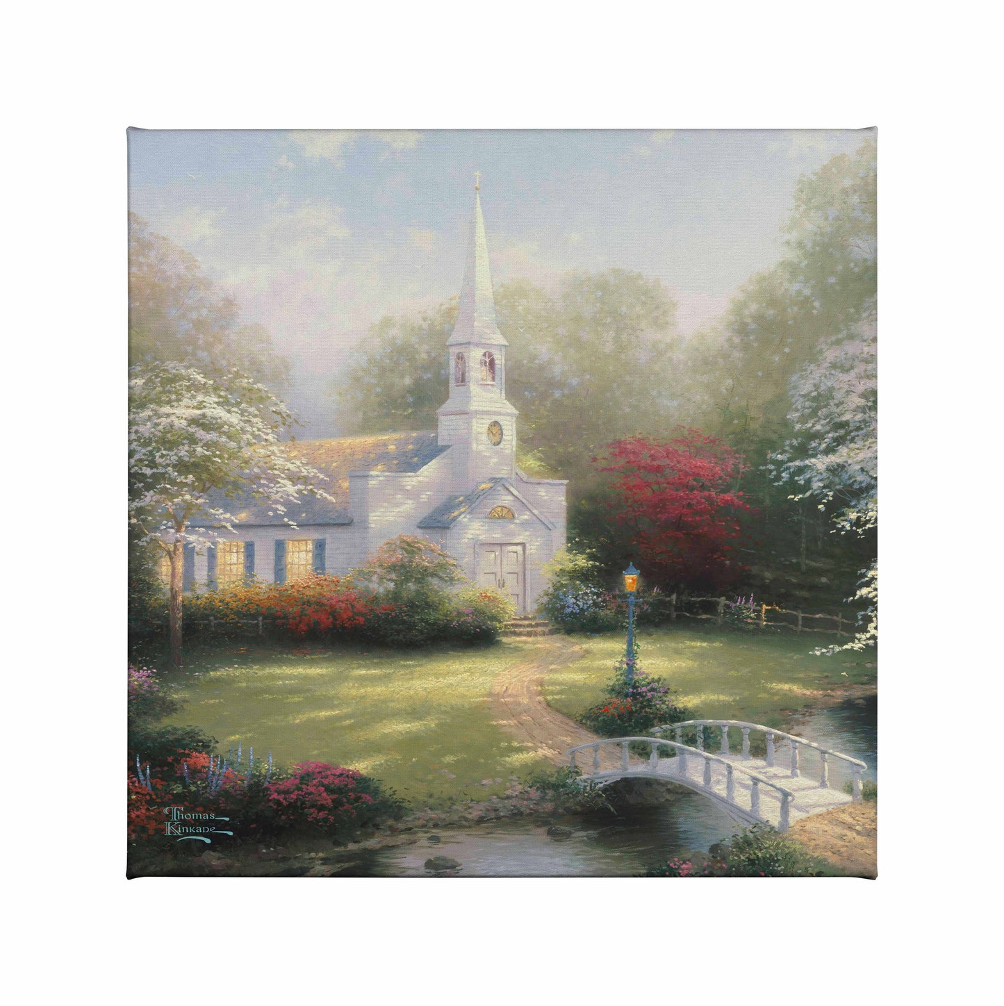 Painting of a chapel with trees and green yard around