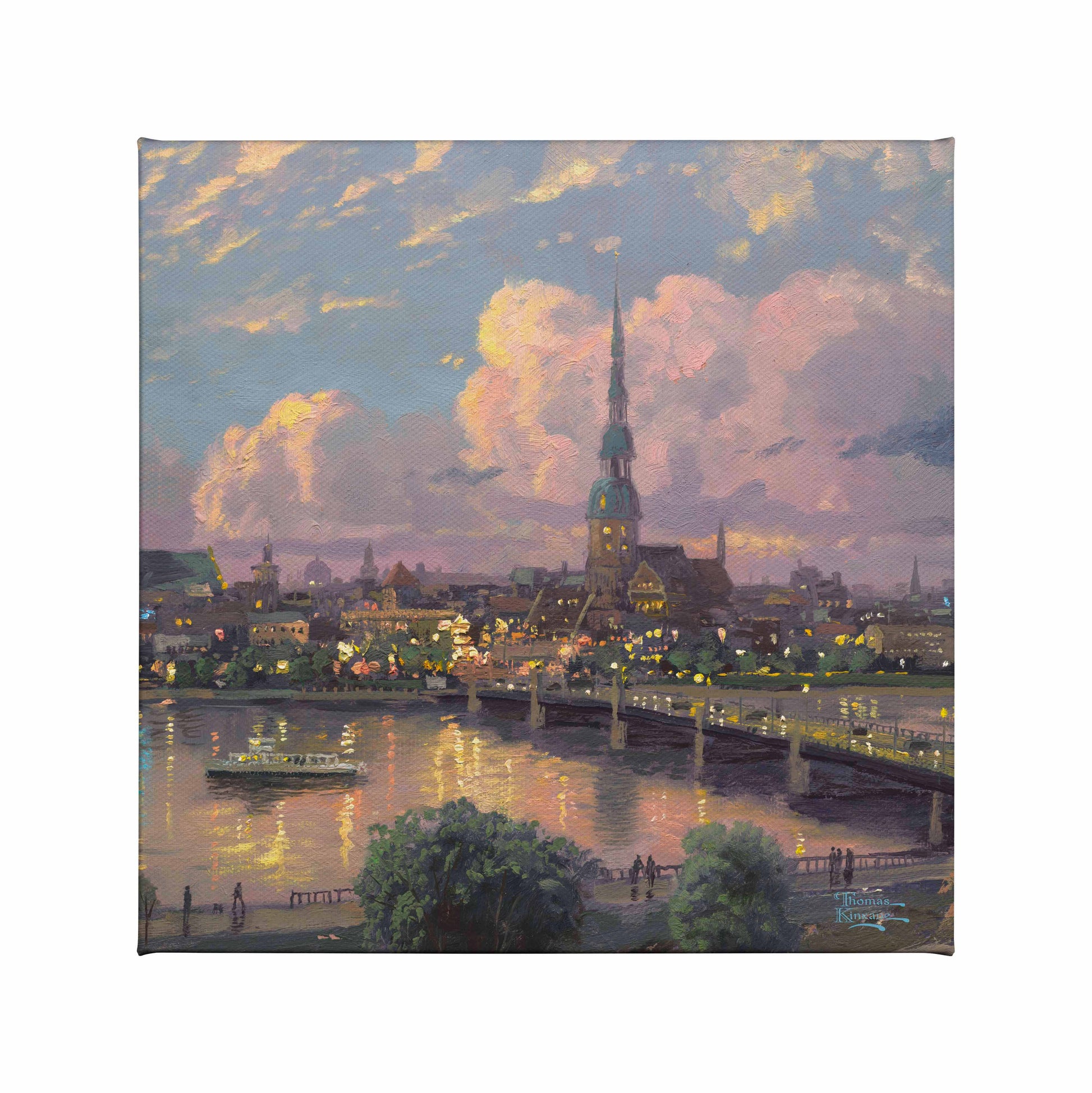 Painting of sunset over Riga in Lativa showing a bridge by the river