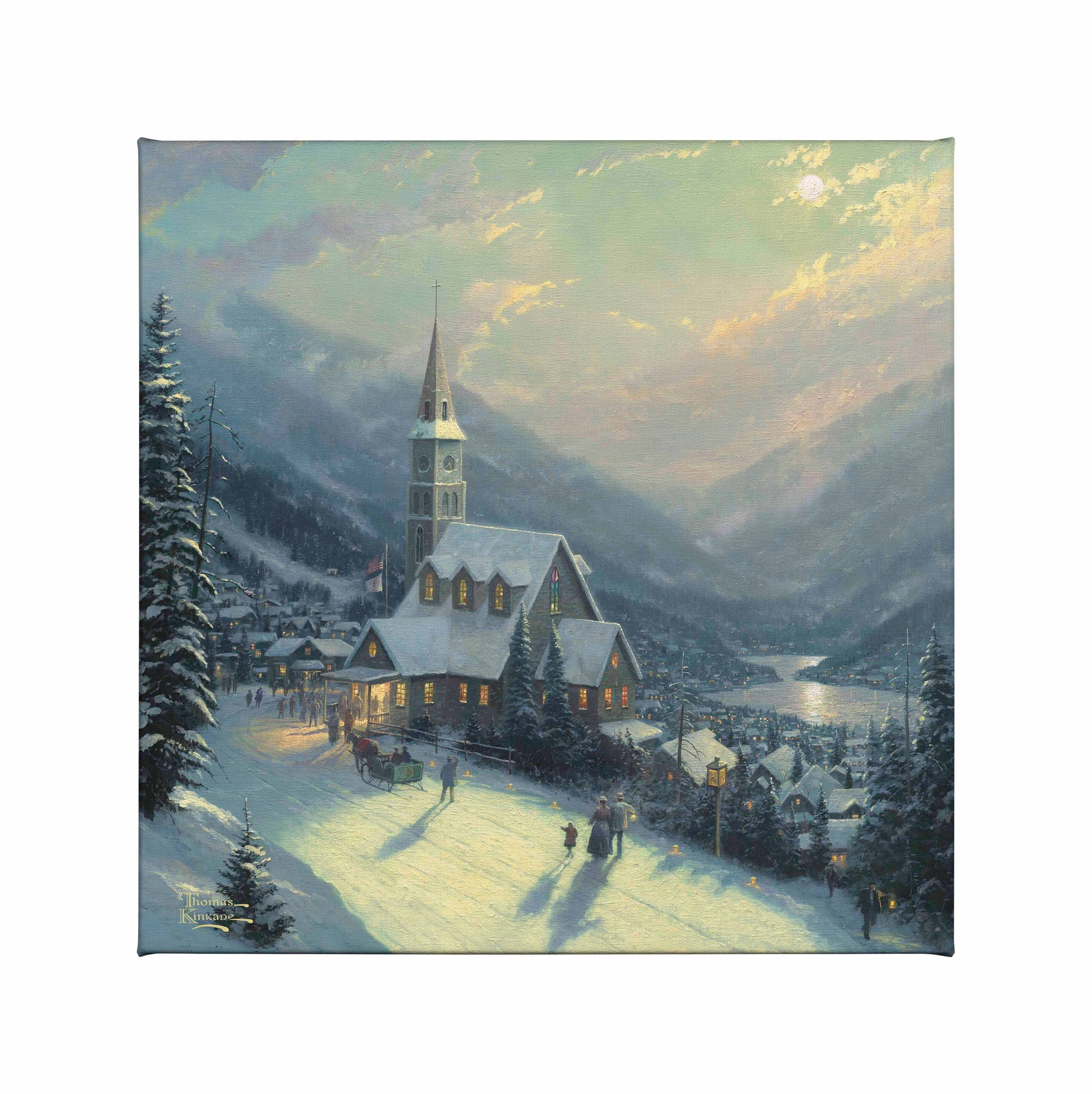 Painting of a village chapel in winter