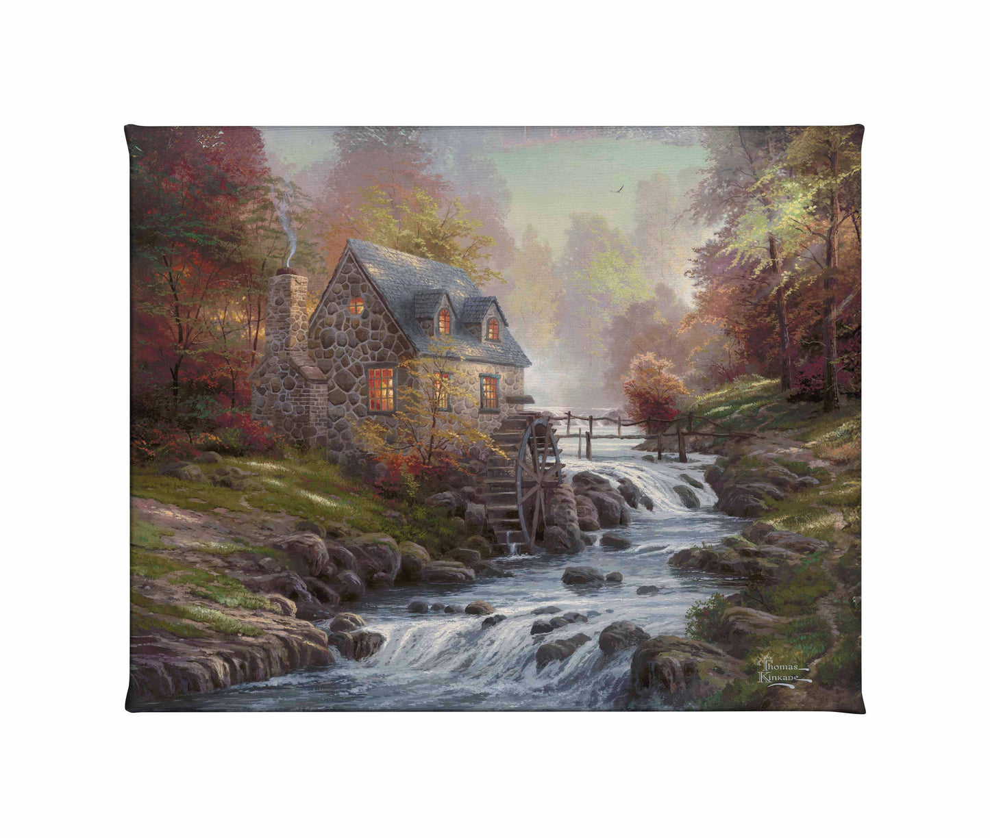 Painting of a cottage with trees by the river