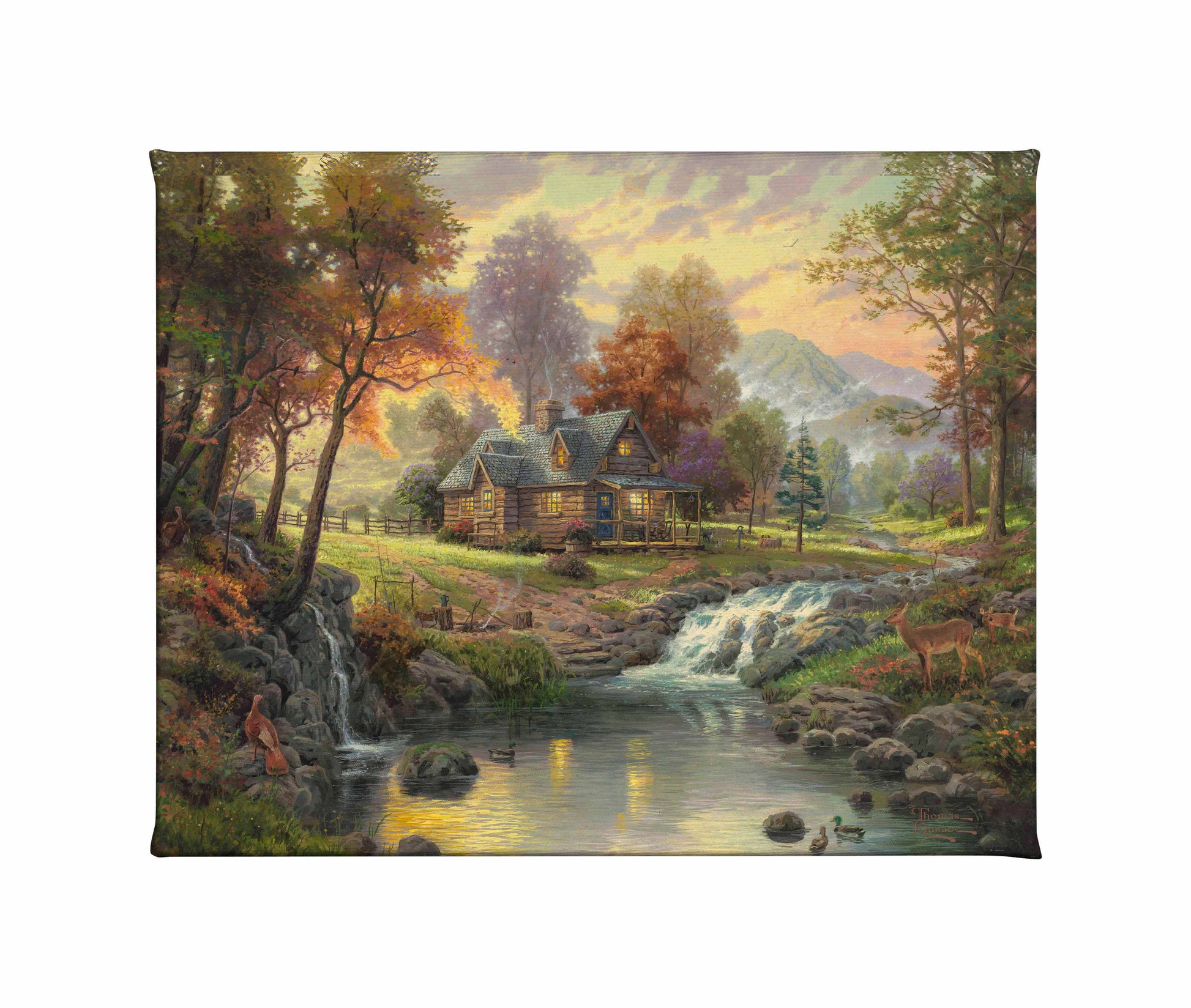 Painting of a cottage by the river with trees and mountains around