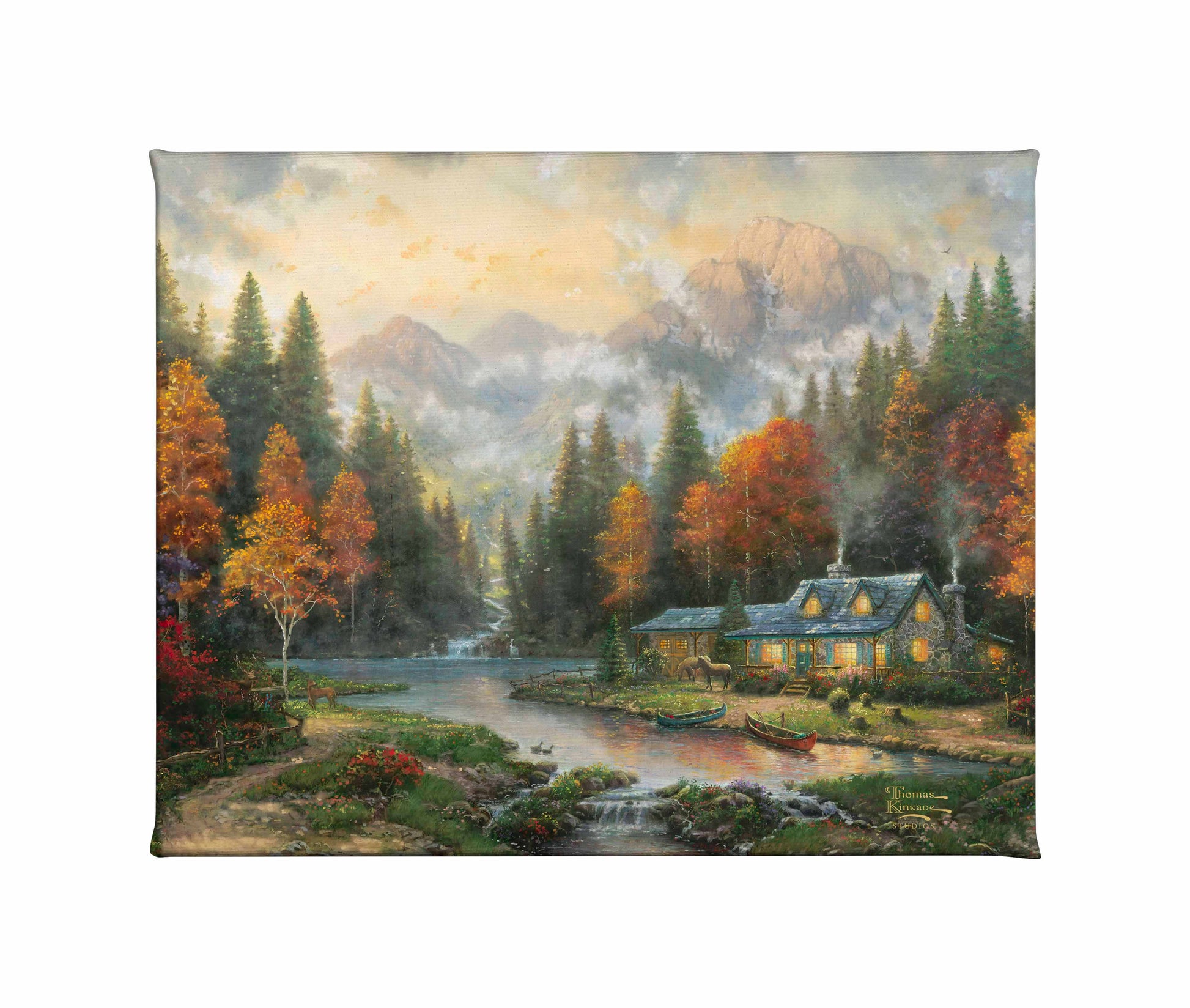 Painting of a bridge and trees by the river