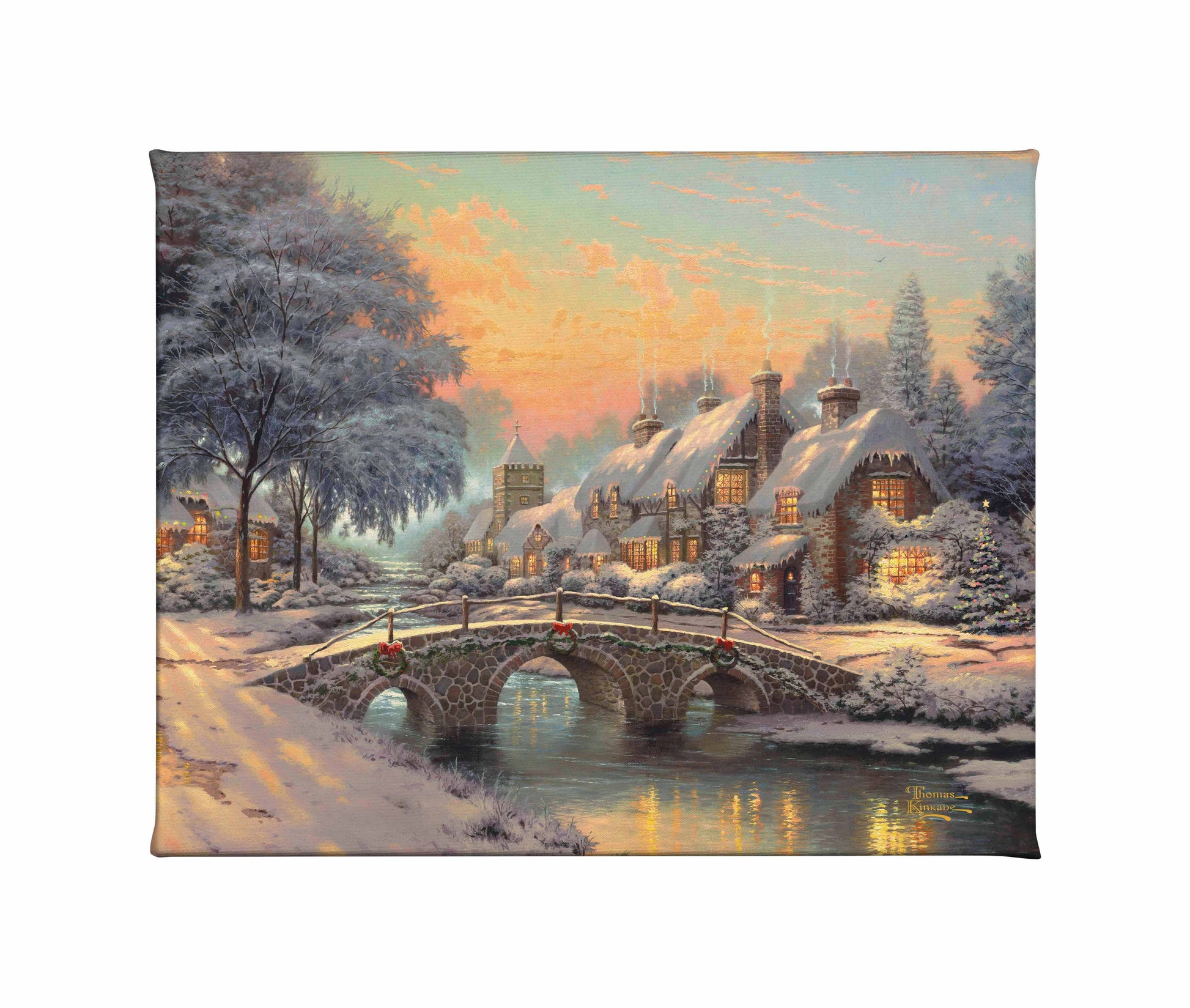 Painting of a bridge and houses in the Christmas