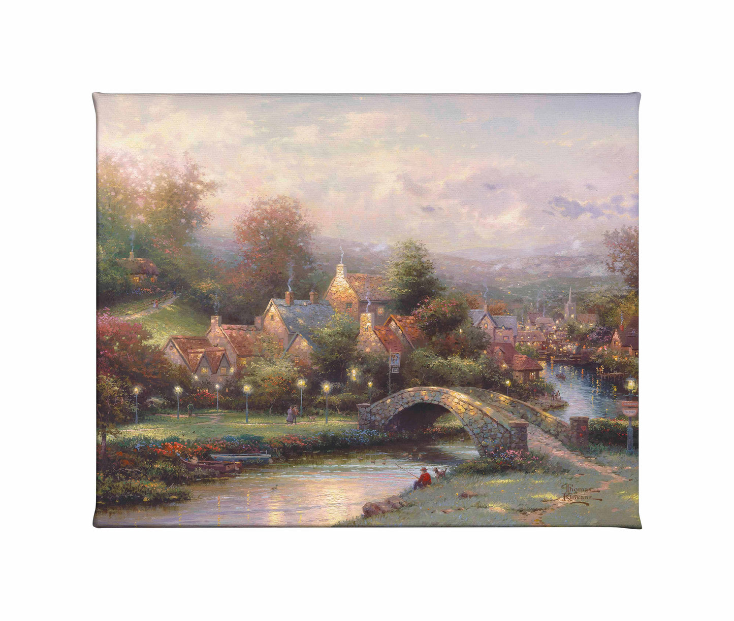 Painting of a village with lamplights