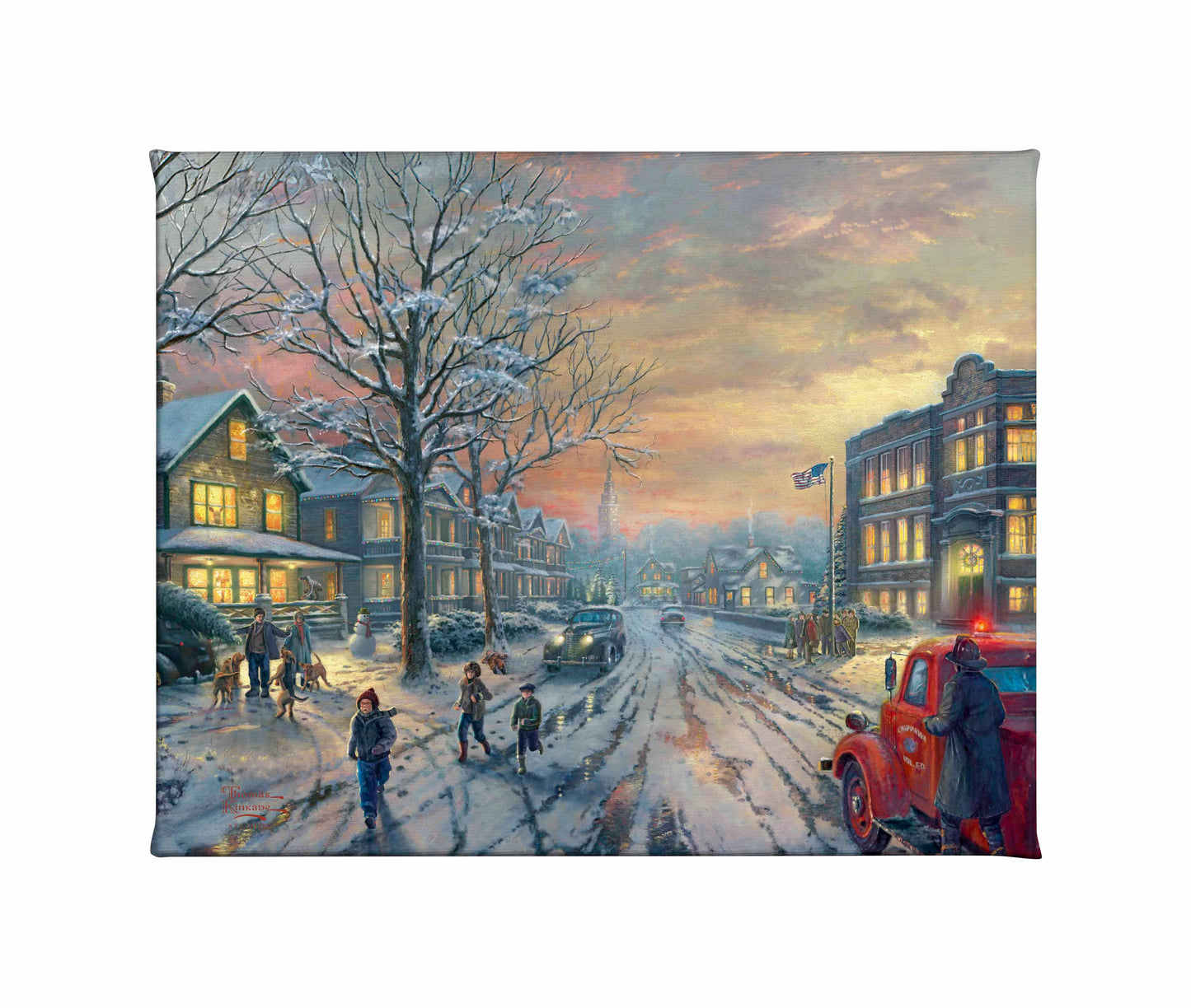 Painting of Christmas vibes with people and houses