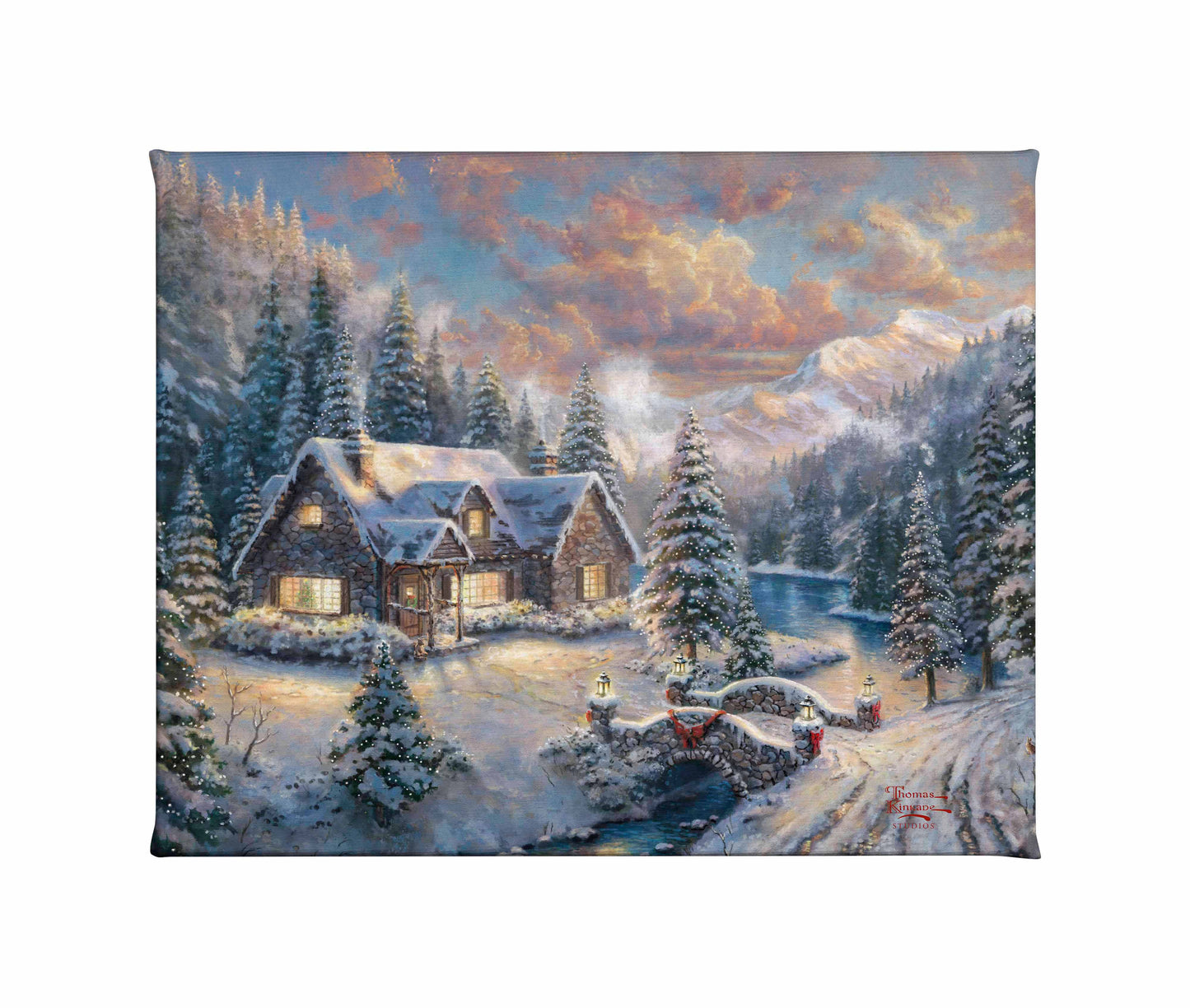 Painting of a Christmas cottage and trees