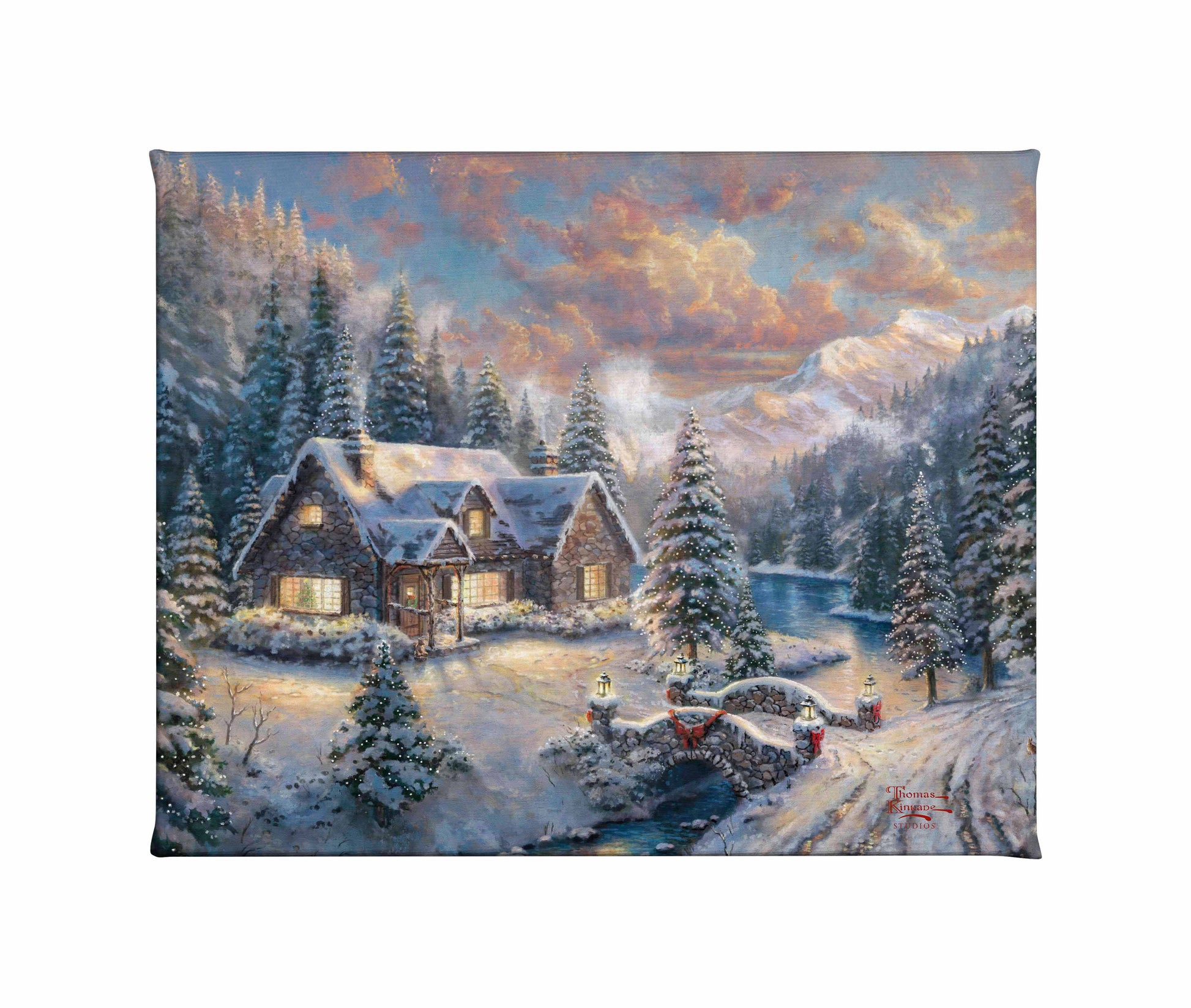 Painting of a Christmas cottage and trees