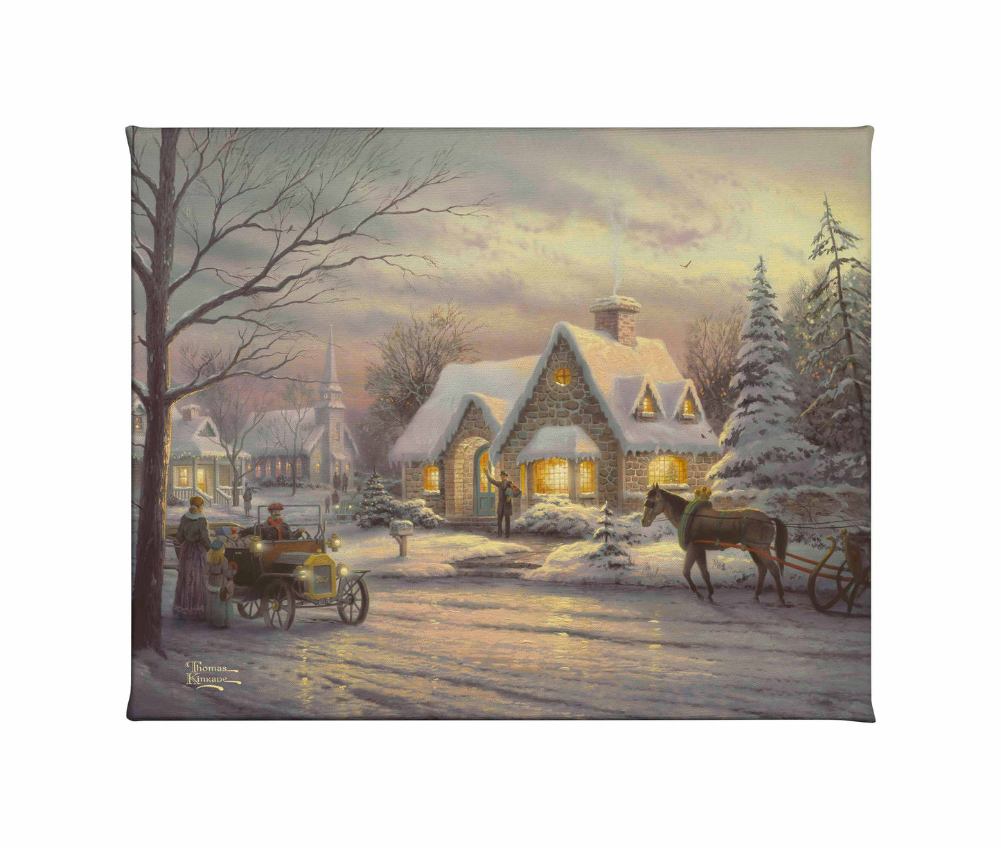 Painting of a Christmas evening with a house and a horse cart