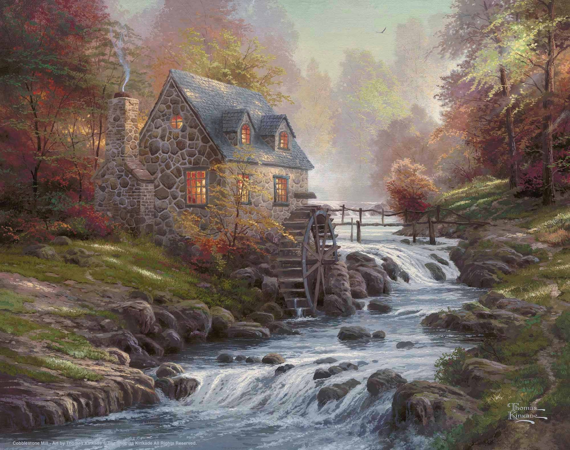 Painting of cobblestone house and trees by the river