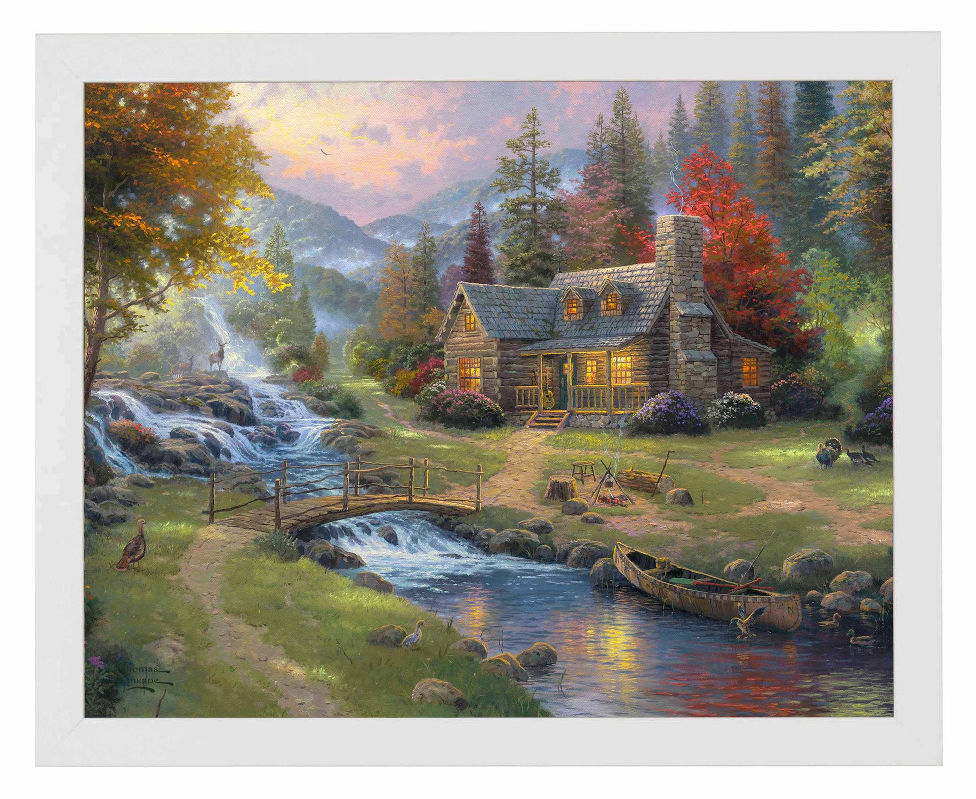 Framed painting of a house with trees and mountain by the river
