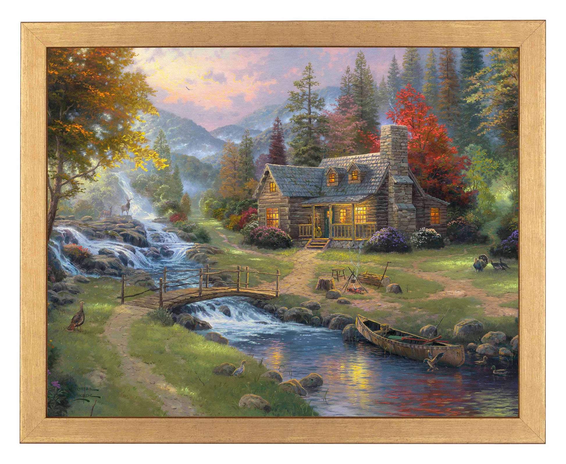 Framed painting of a house with trees and mountain by the river