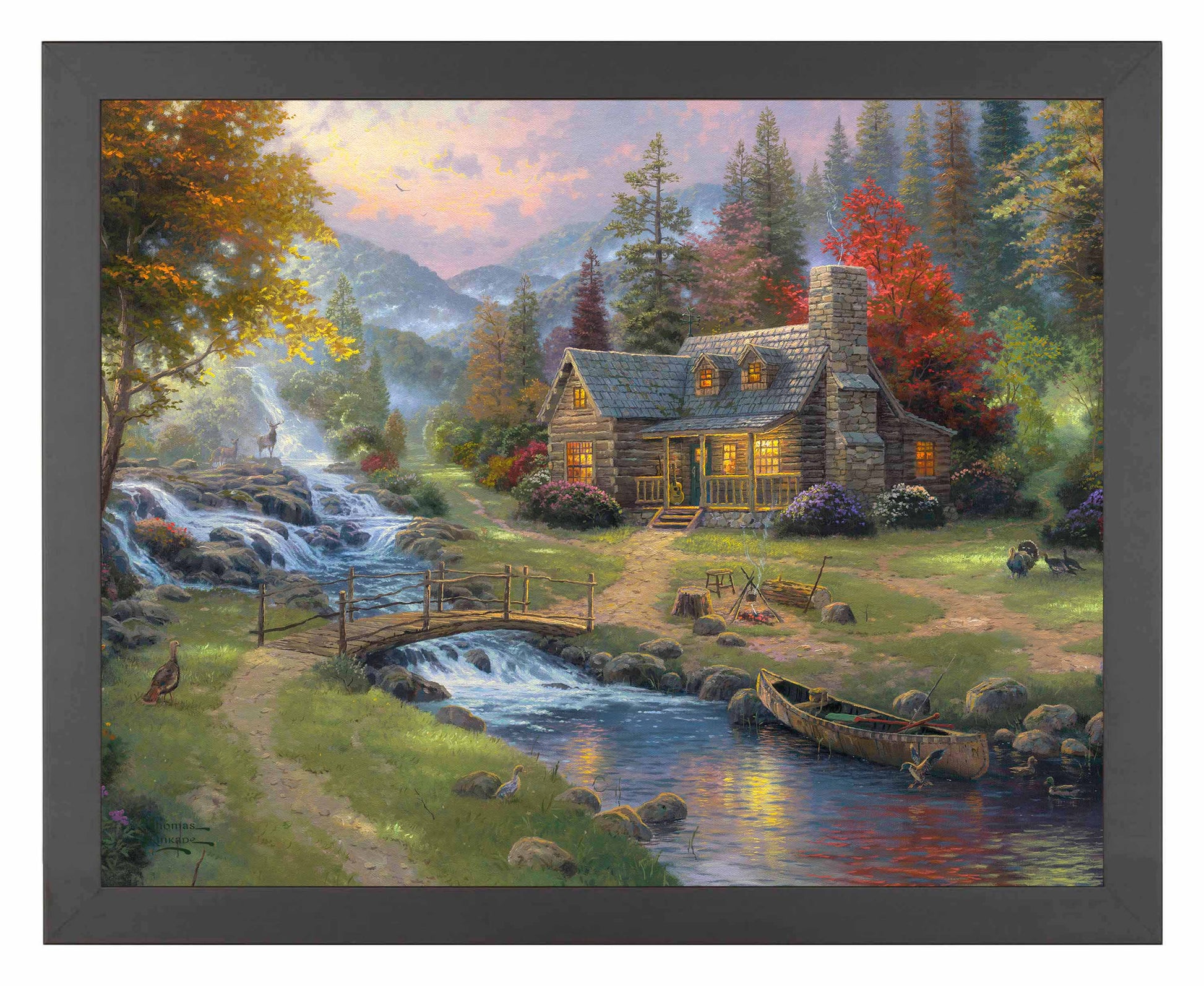 Framed painting of a house with trees and mountain by the river