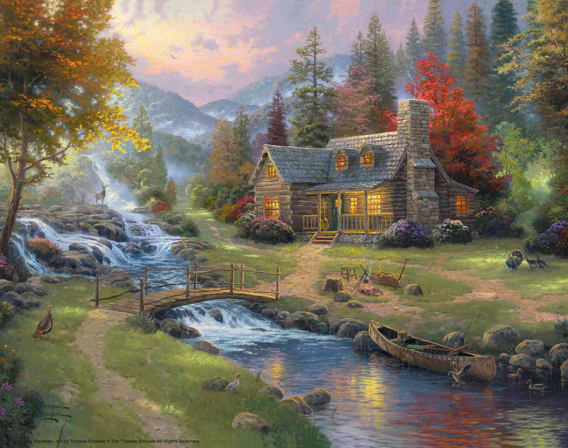 Painting of a house with trees and mountain by the river
