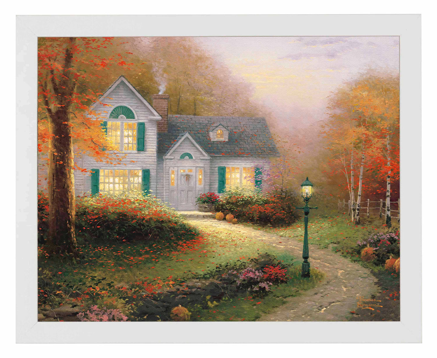 Framed painting of autumn house and trees