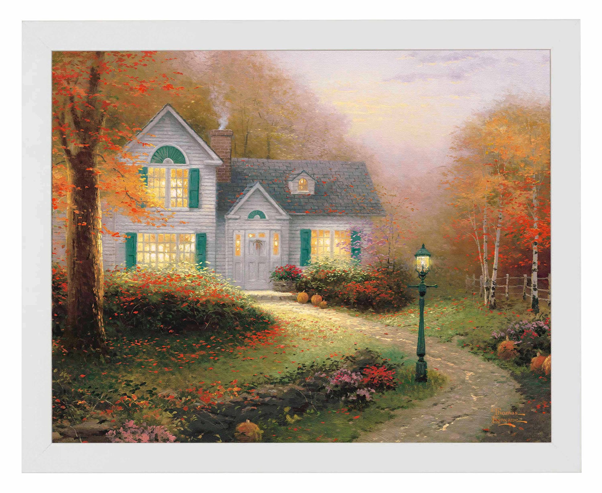 Framed painting of autumn house and trees