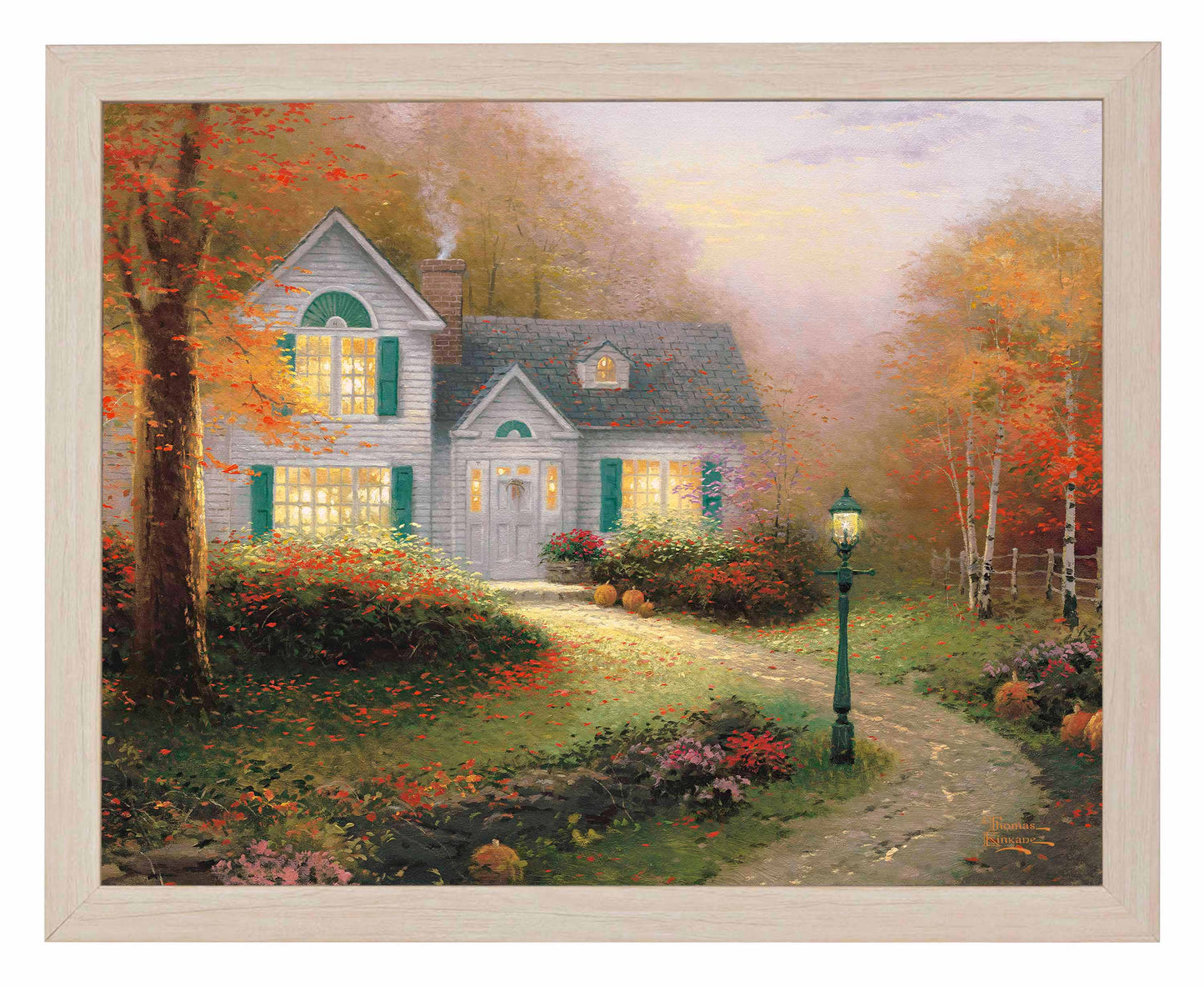 Framed painting of autumn house and trees