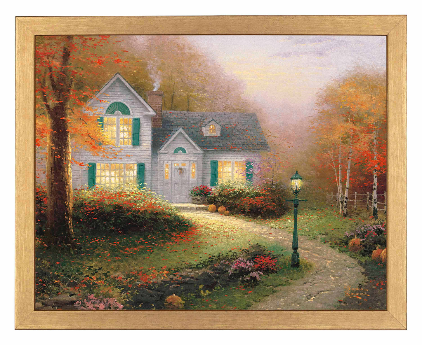 Framed painting of autumn house and trees