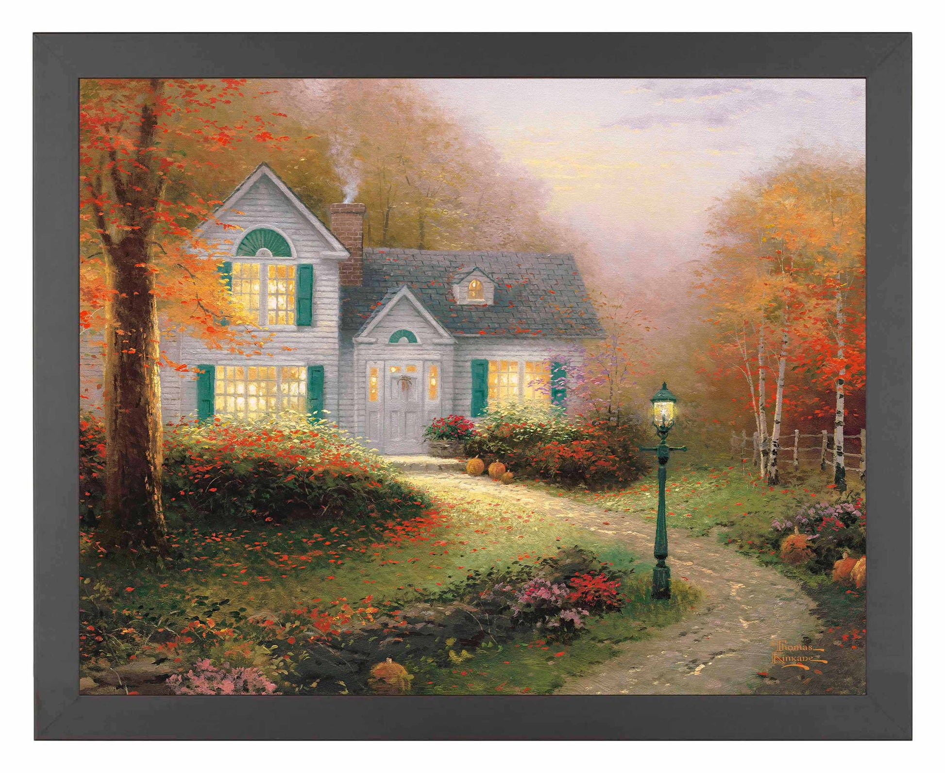 Framed painting of autumn house and trees