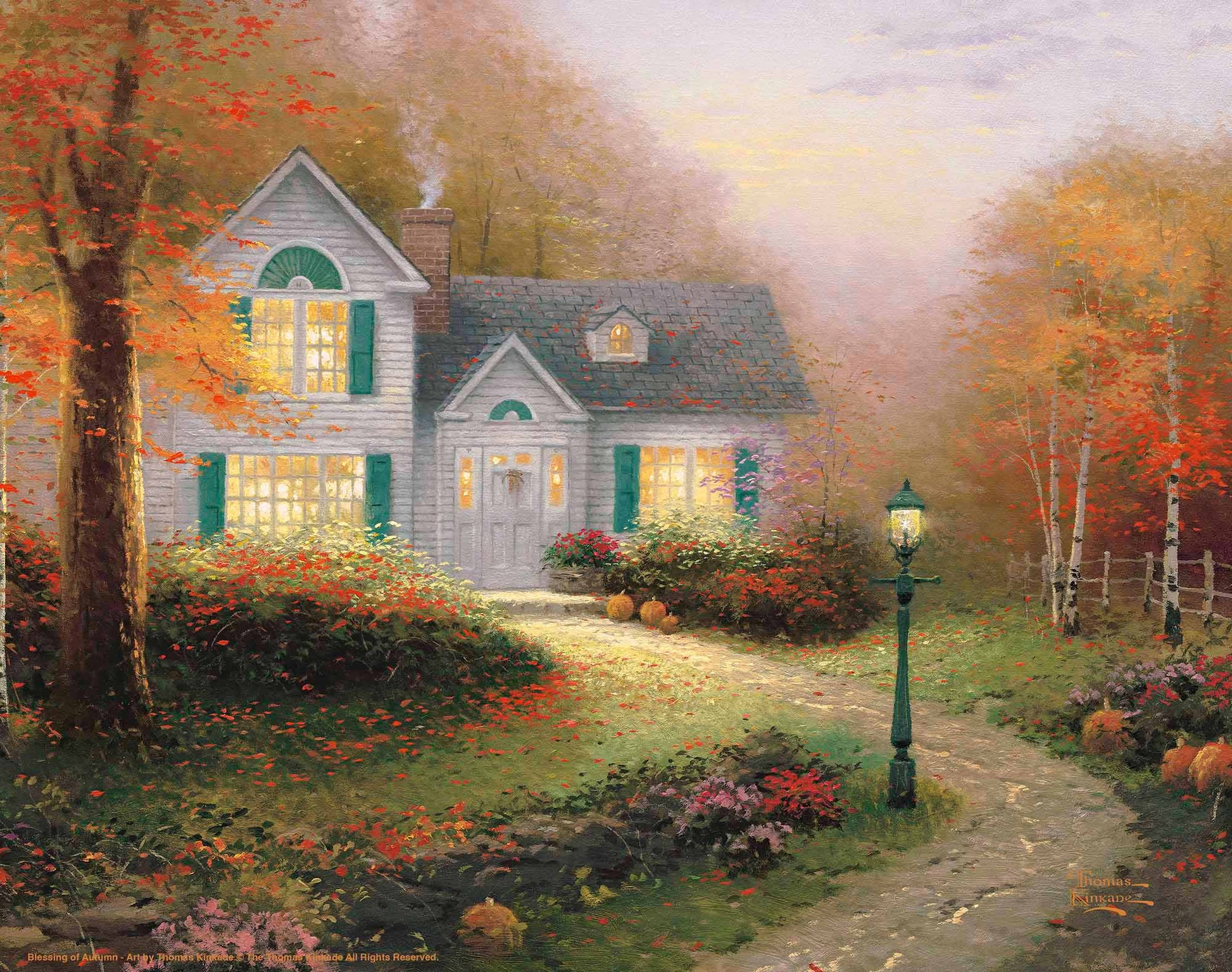 Painting of autumn house and trees