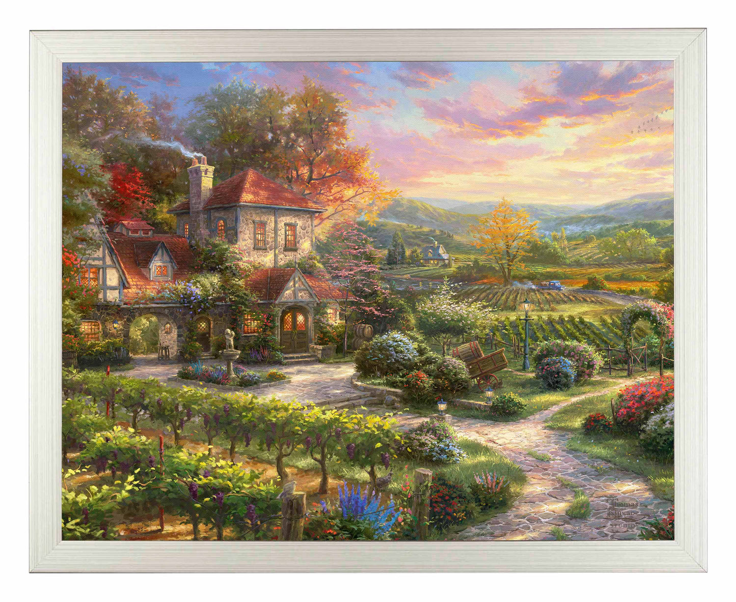 Framed painting showing countryside house