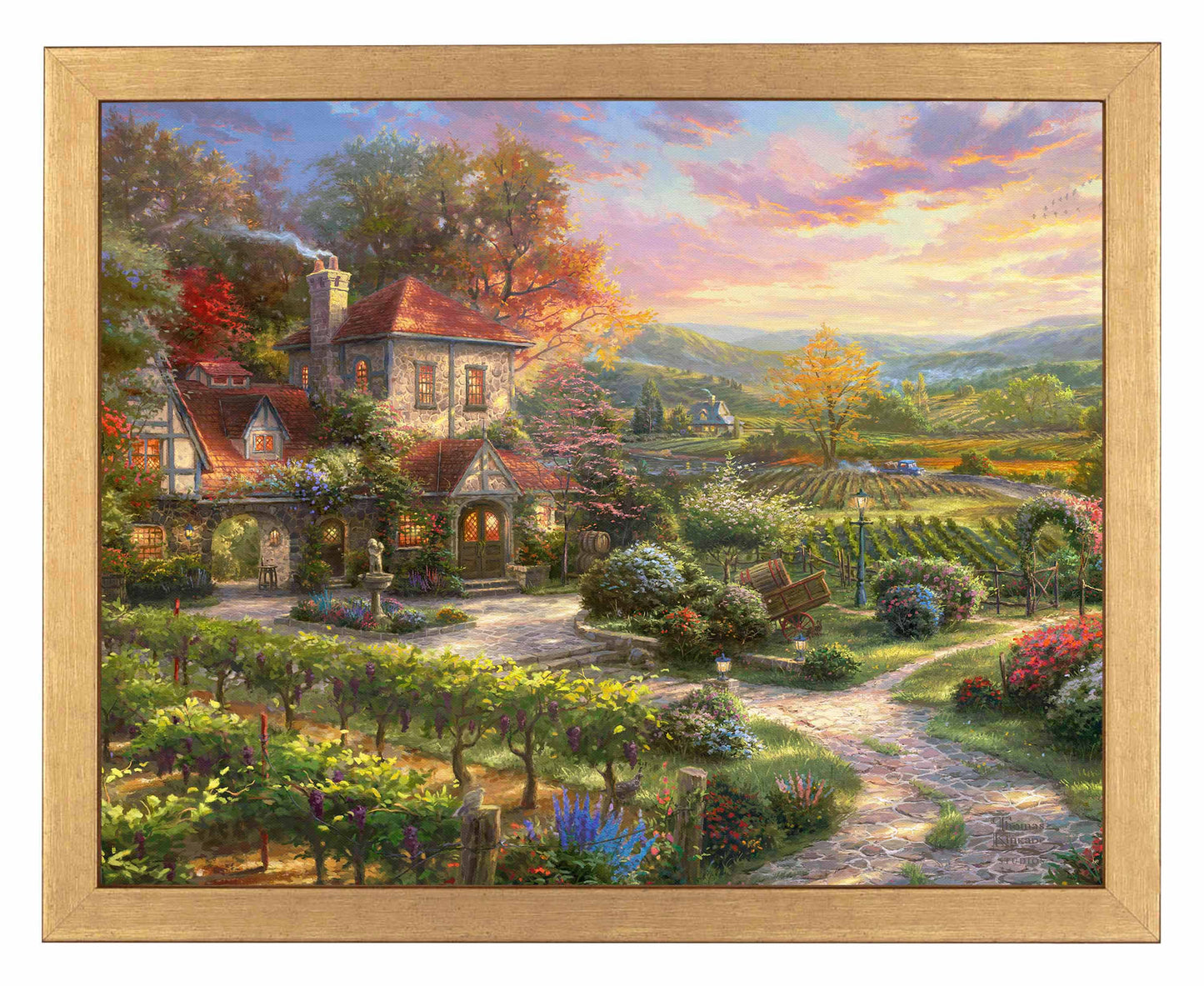 Framed painting showing countryside house