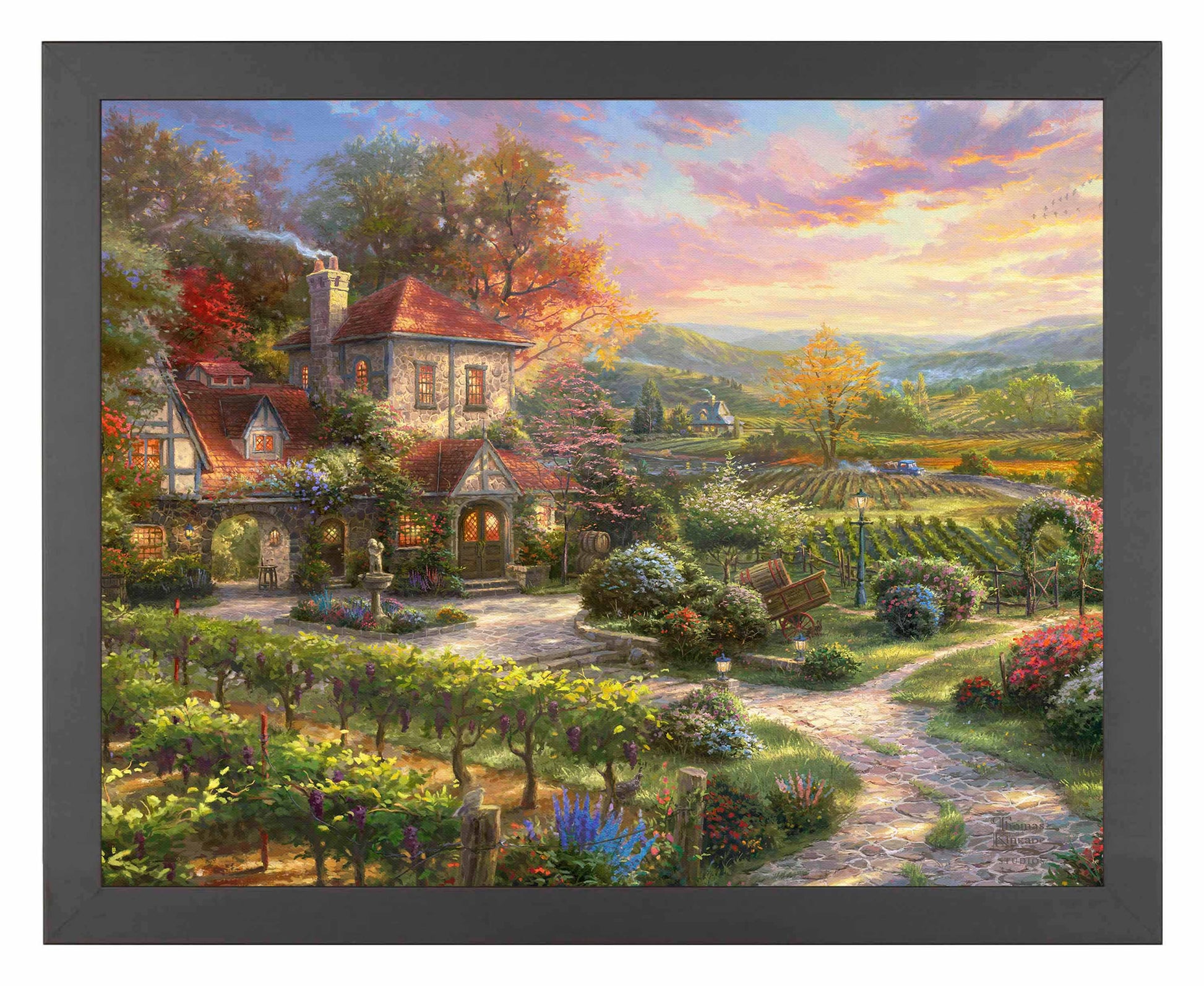 Framed painting showing countryside house
