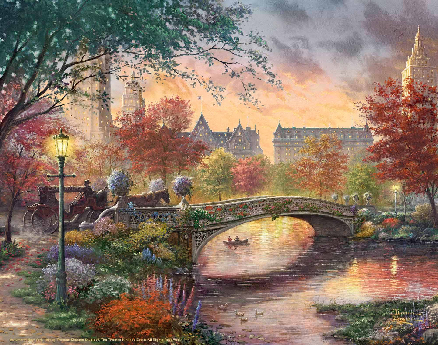 Painting of autumn in New York showing a bridge and trees by the river