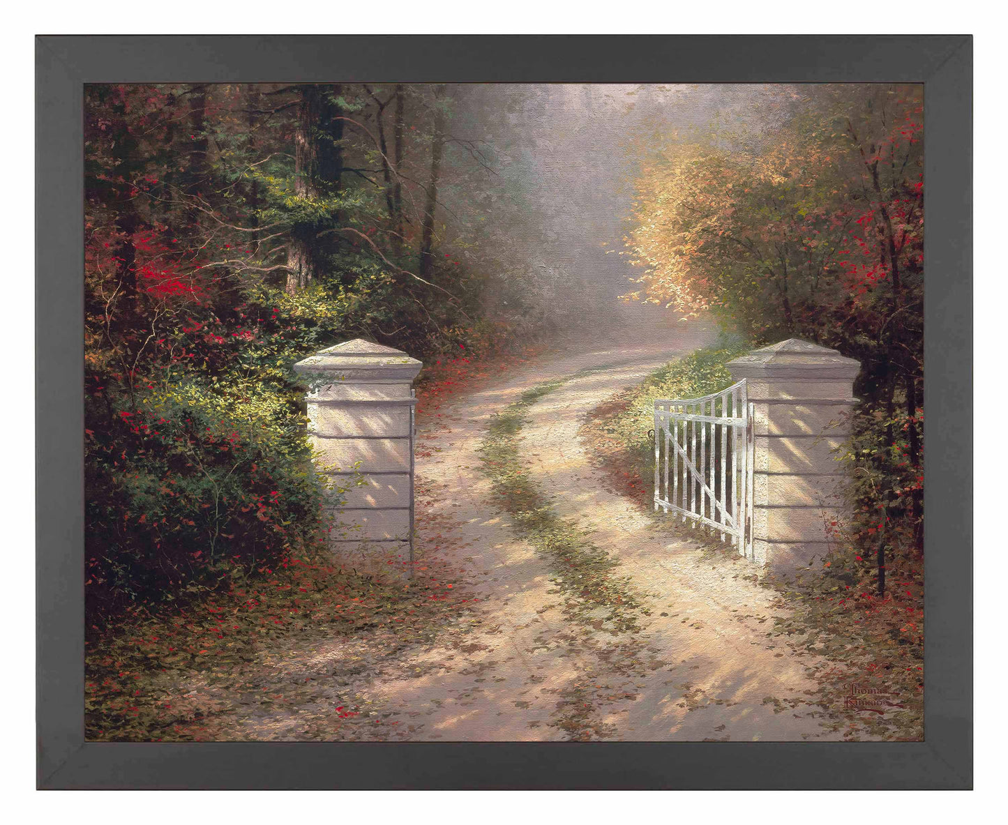 Framed painting of gate in the Autumn with trees