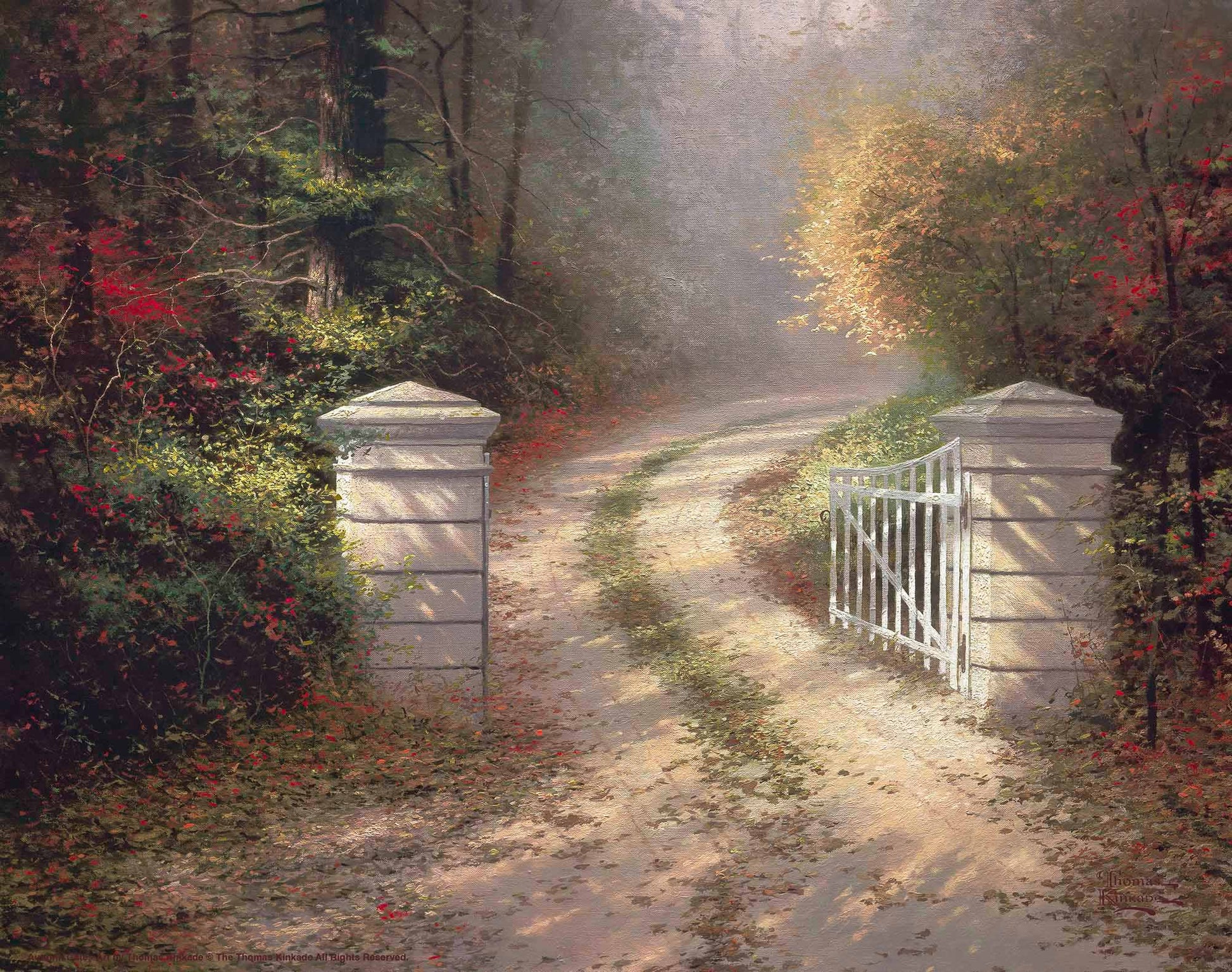 Painting of gate in the Autumn with trees