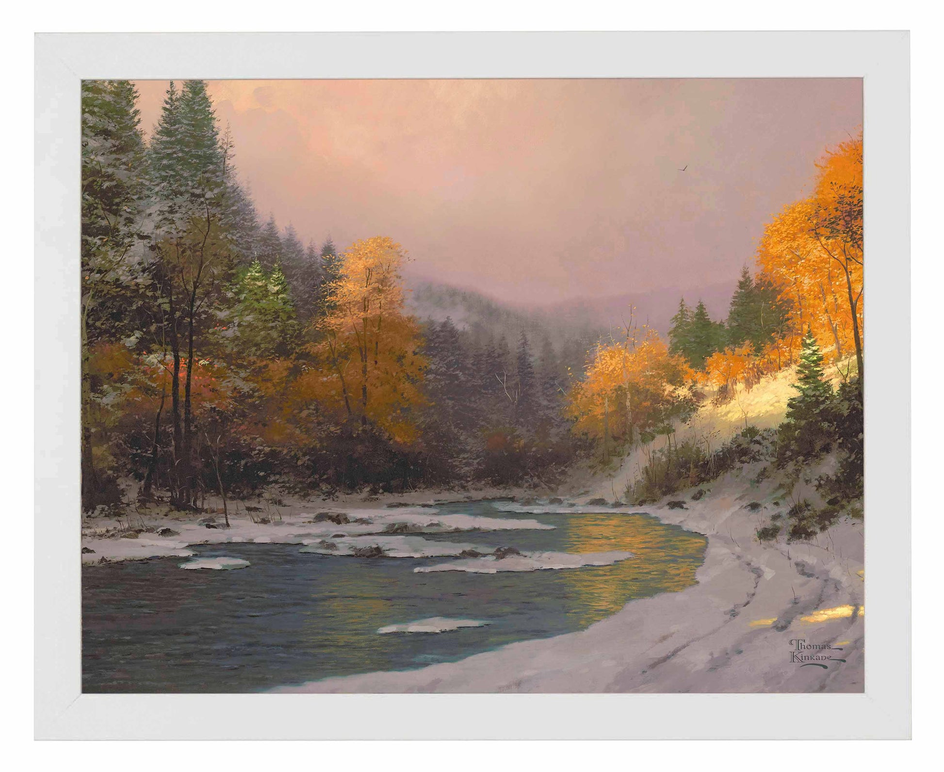Framed painting of Autumn trees and snow by the lake