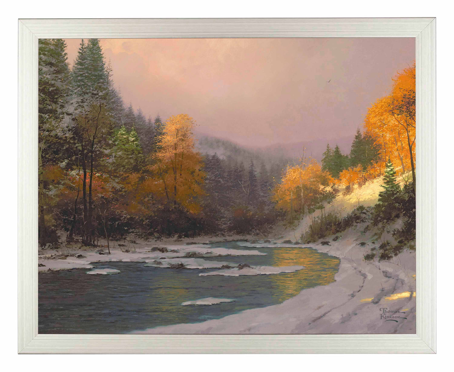 Framed painting of Autumn trees and snow by the lake