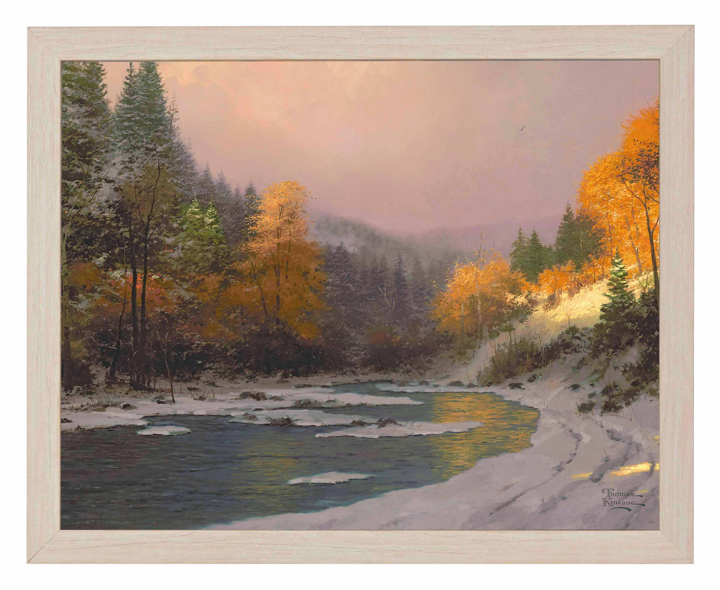 Framed painting of Autumn trees and snow by the lake