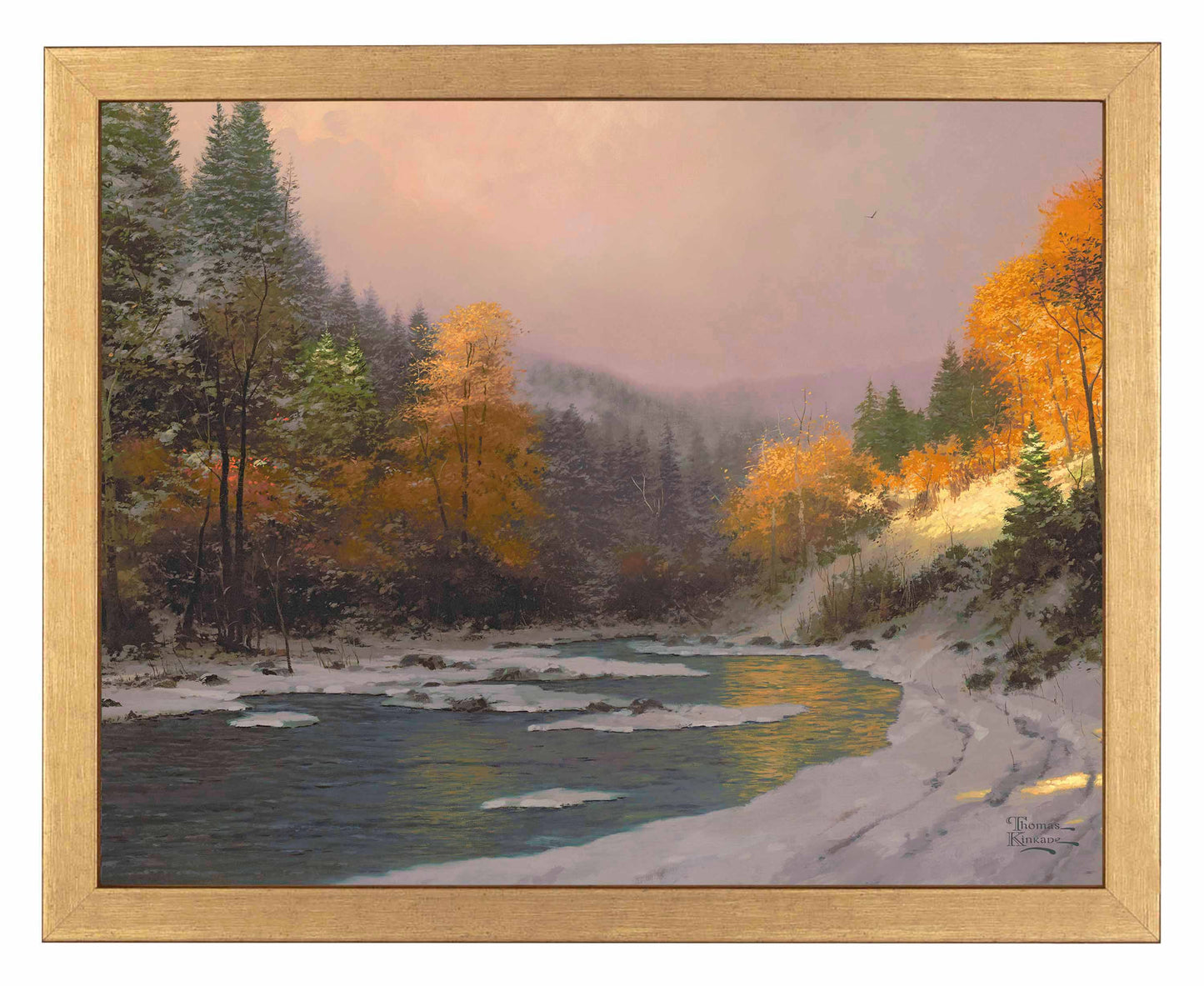 Framed painting of Autumn trees and snow by the lake